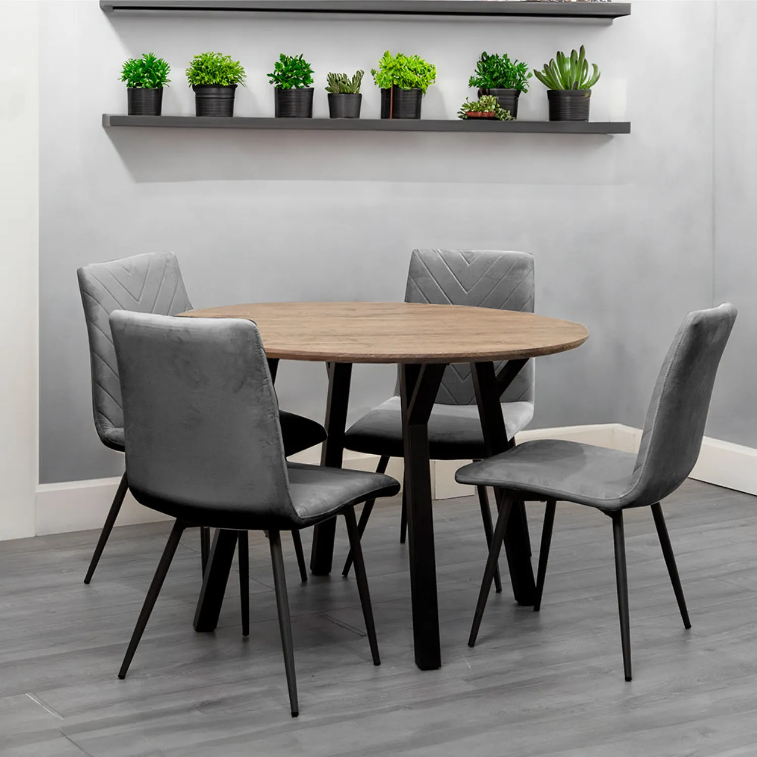 Dining Set 1.1m Oak Finish Round Table And 4 x Grey Chairs