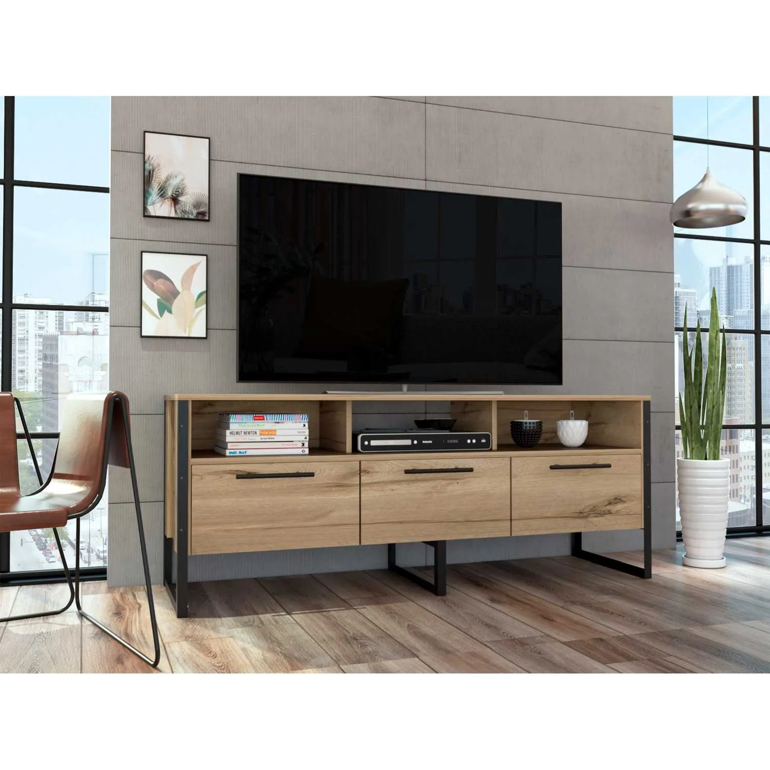 Brooklyn Modern 139.5cm Wide Screen TV Rack With 3 Doors Bleached Pine