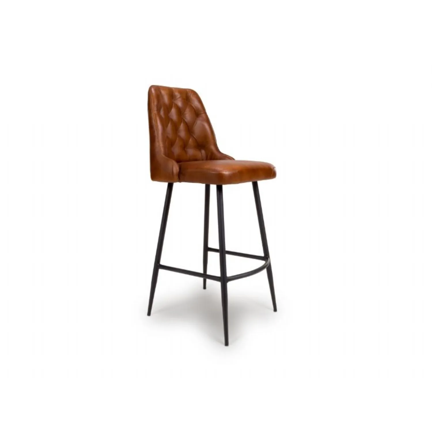 Tan Brown Leather Bar Chair Stool with Black Metal Legs