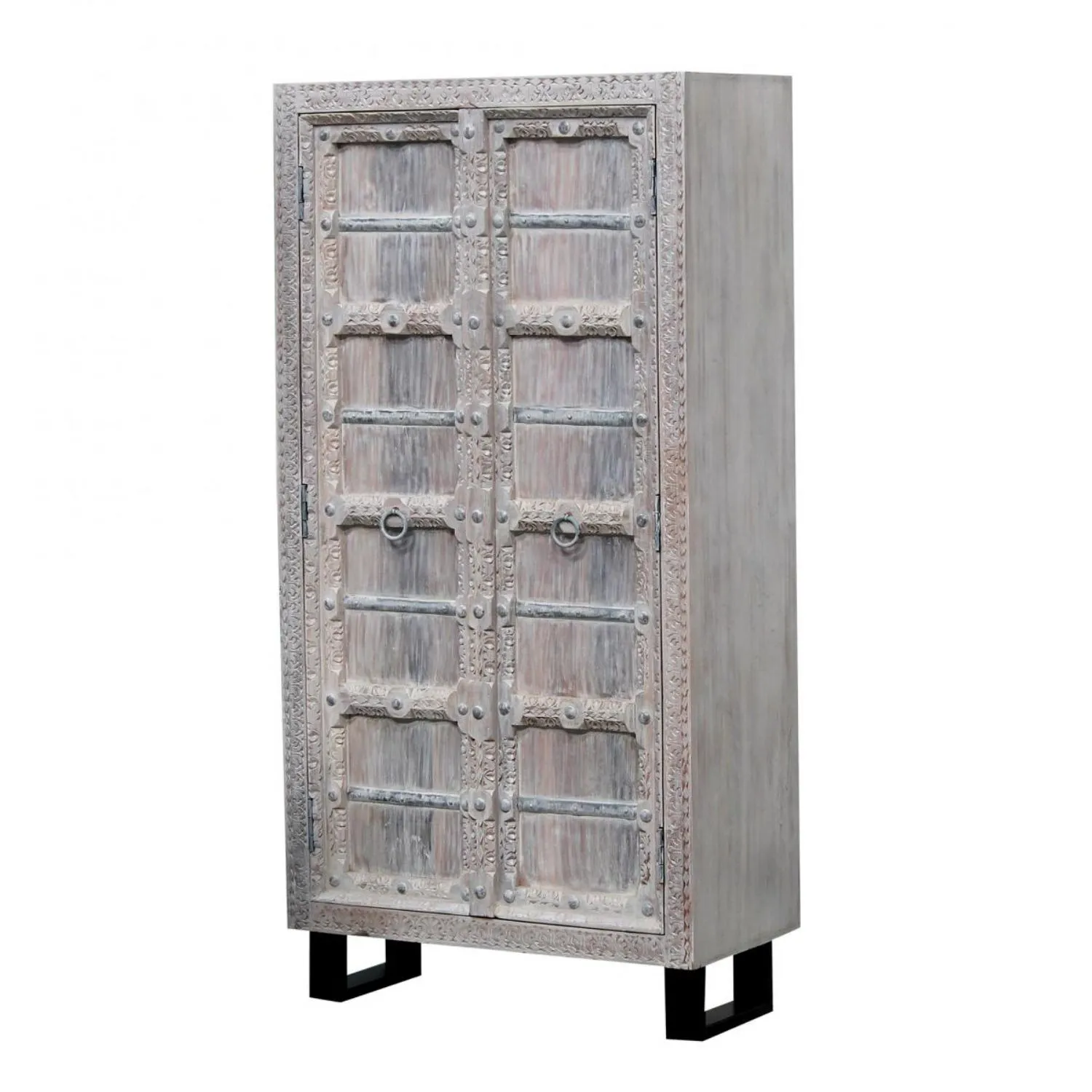 Indian Style Tall Cabinet With Carved Wooden 2 Doors