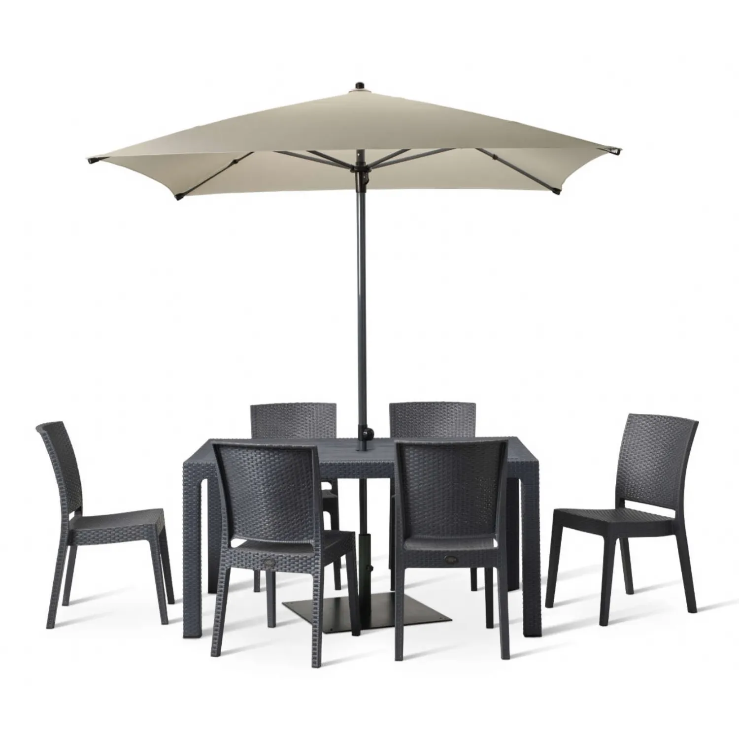 Outdoor 150cm Table and 6 Chairs with Light Umbrella in Polypropylene Anthracite