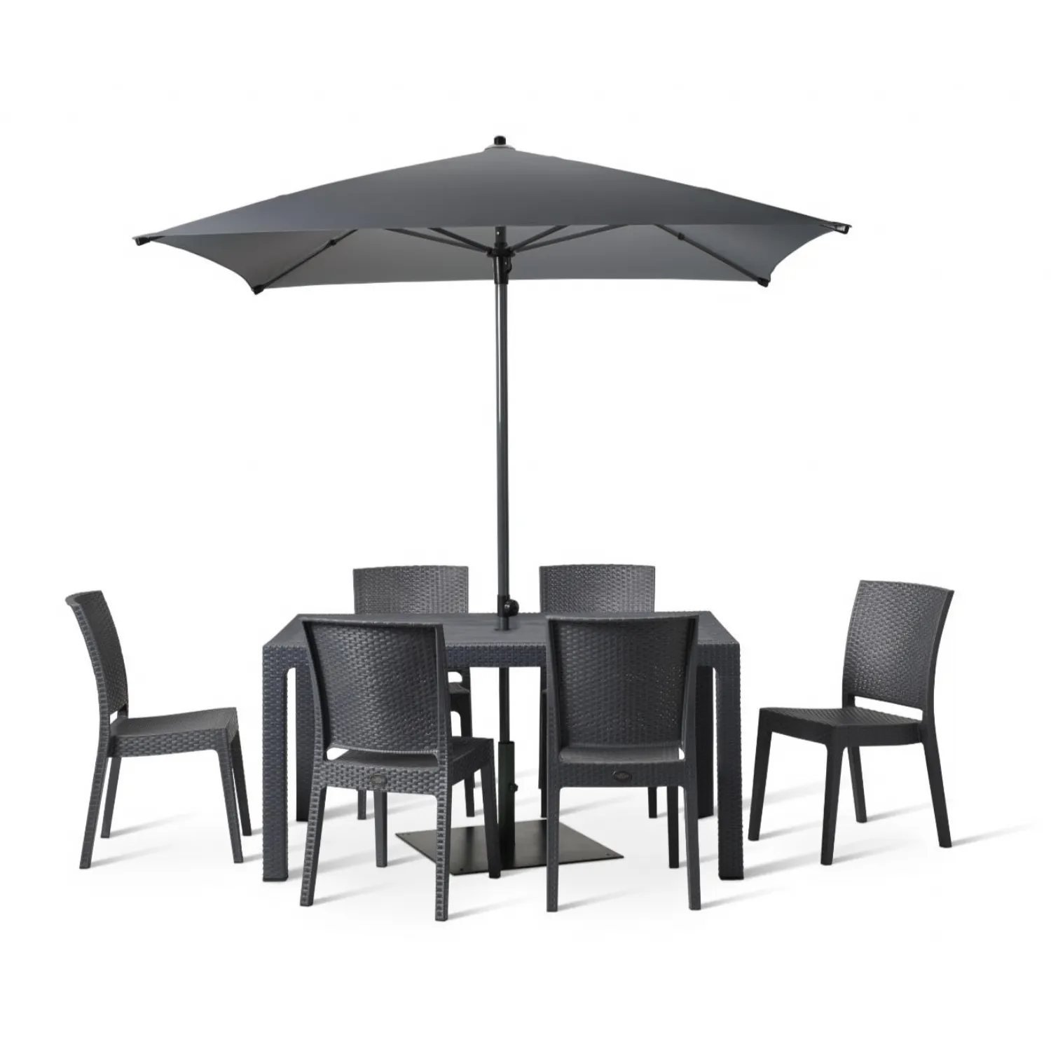 Outdoor 150cm Table and 6 Chairs with Umbrella in Polypropylene Anthracite