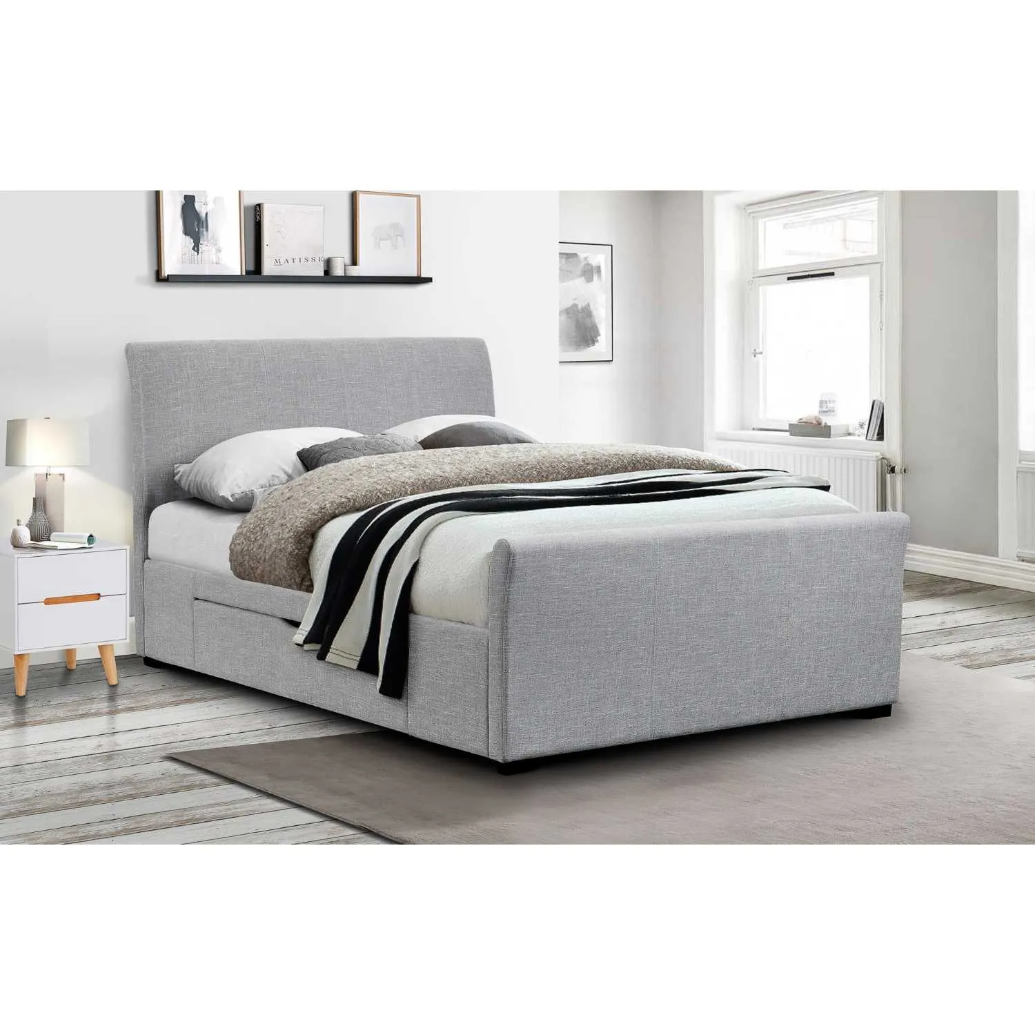 Light Grey Upholstered Double Curved Fabric Bed With Drawers 135cm 4ft6in