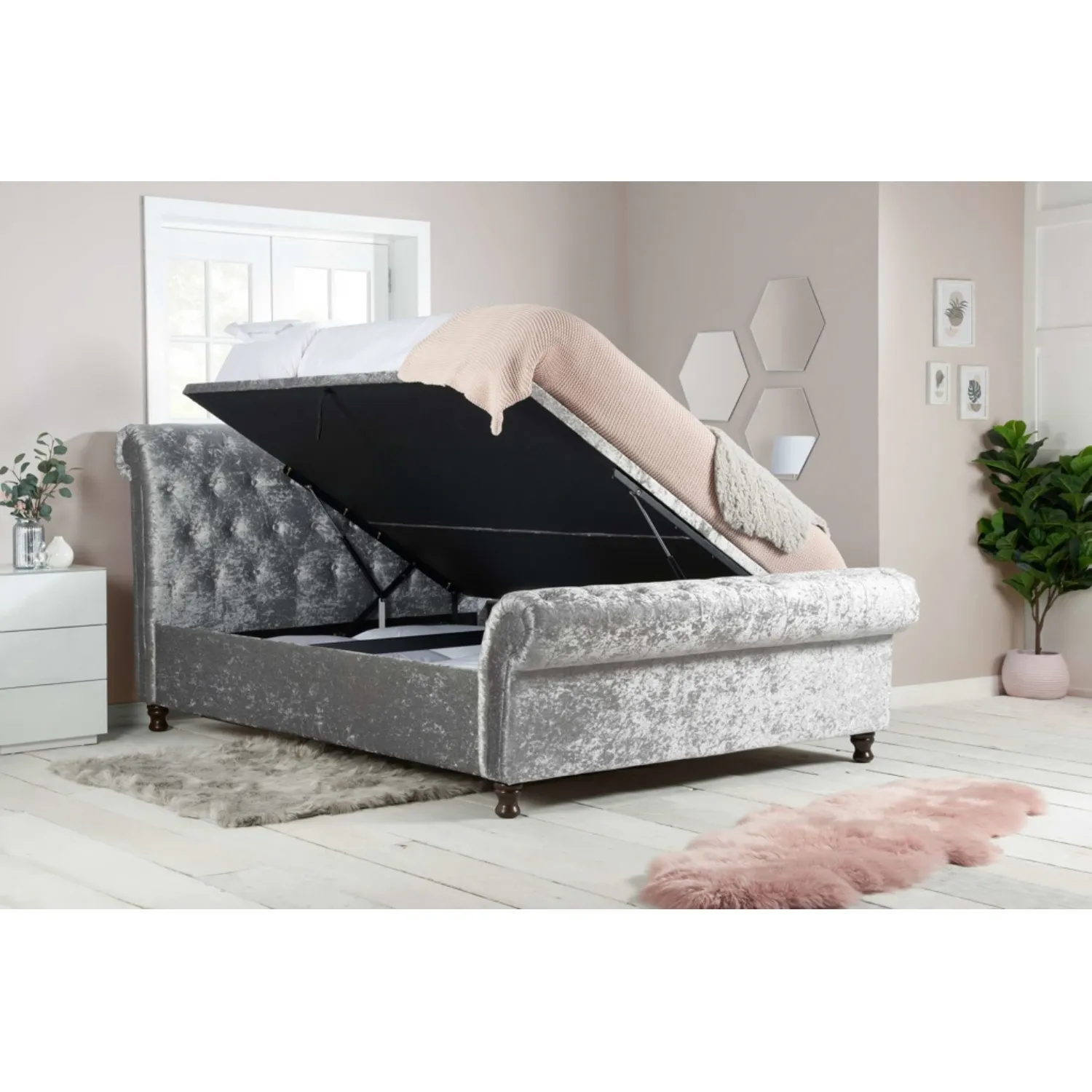 4ft 6 Double Side Open Ottoman Sleigh Bed in Steel Crushed Velvet