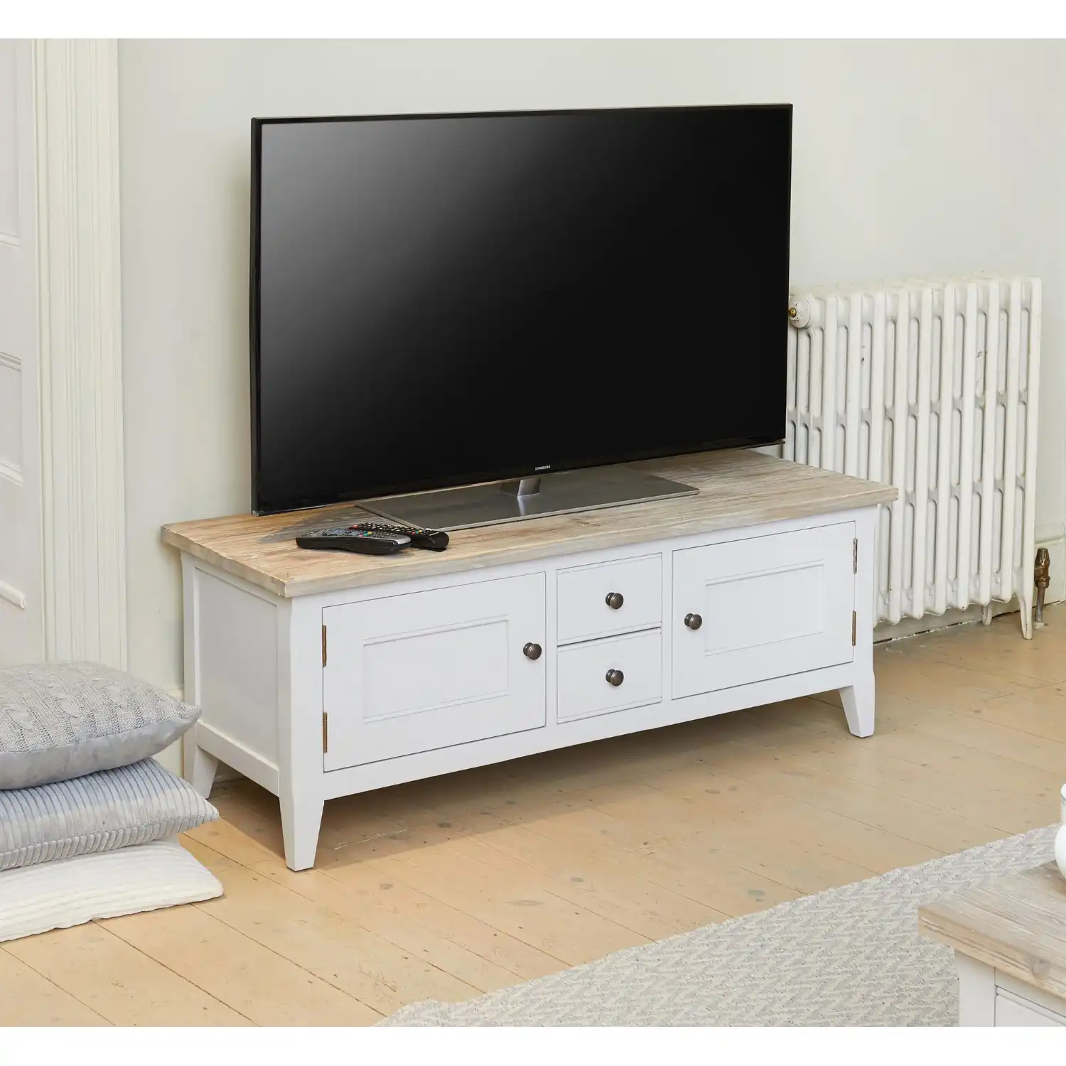 Distressed Grey Painted Widescreen TV Stand Limed Top