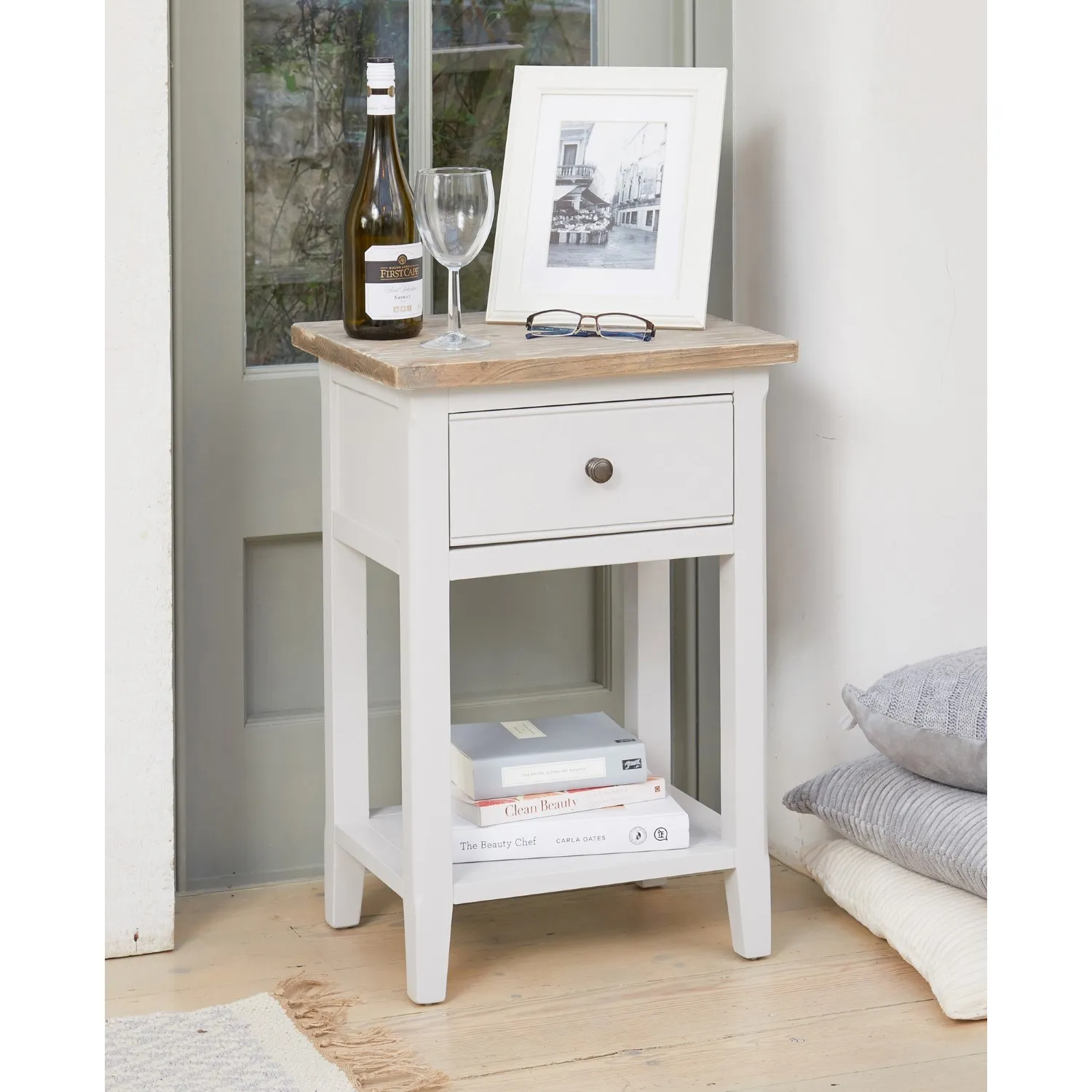 Grey Painted Open Base Lamp Table with Limed Wood Top