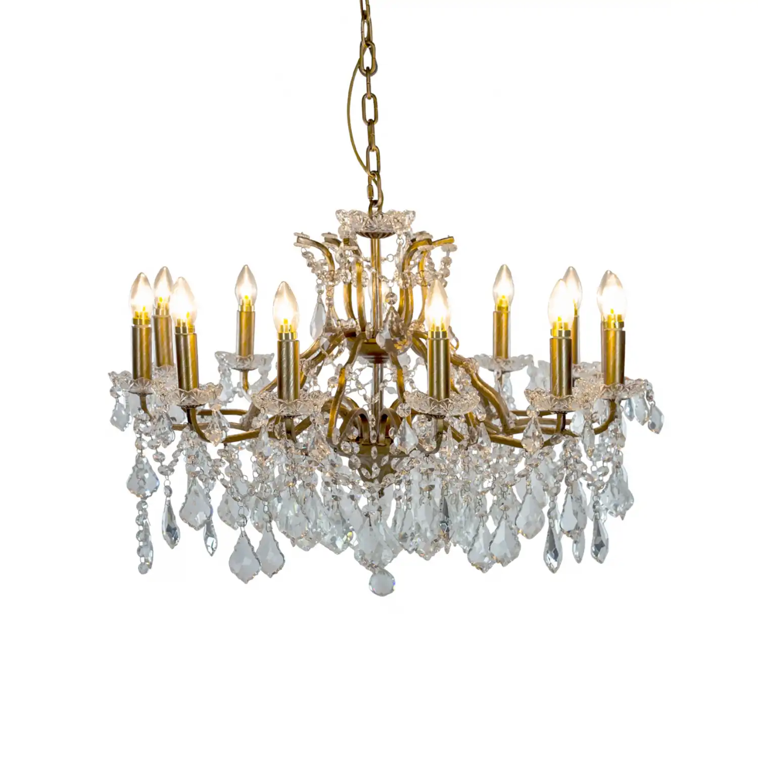 Large 12 Branch Gold Cut Glass Shallow Chandelier