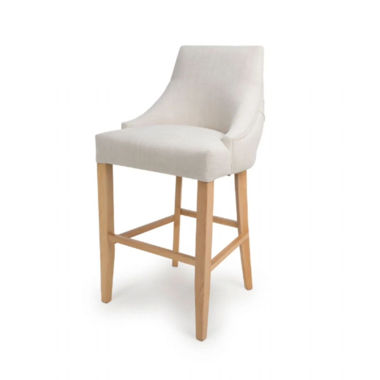 Linen Fabric Buttoned Back Bar Stool Oak Legs and Foot Rest