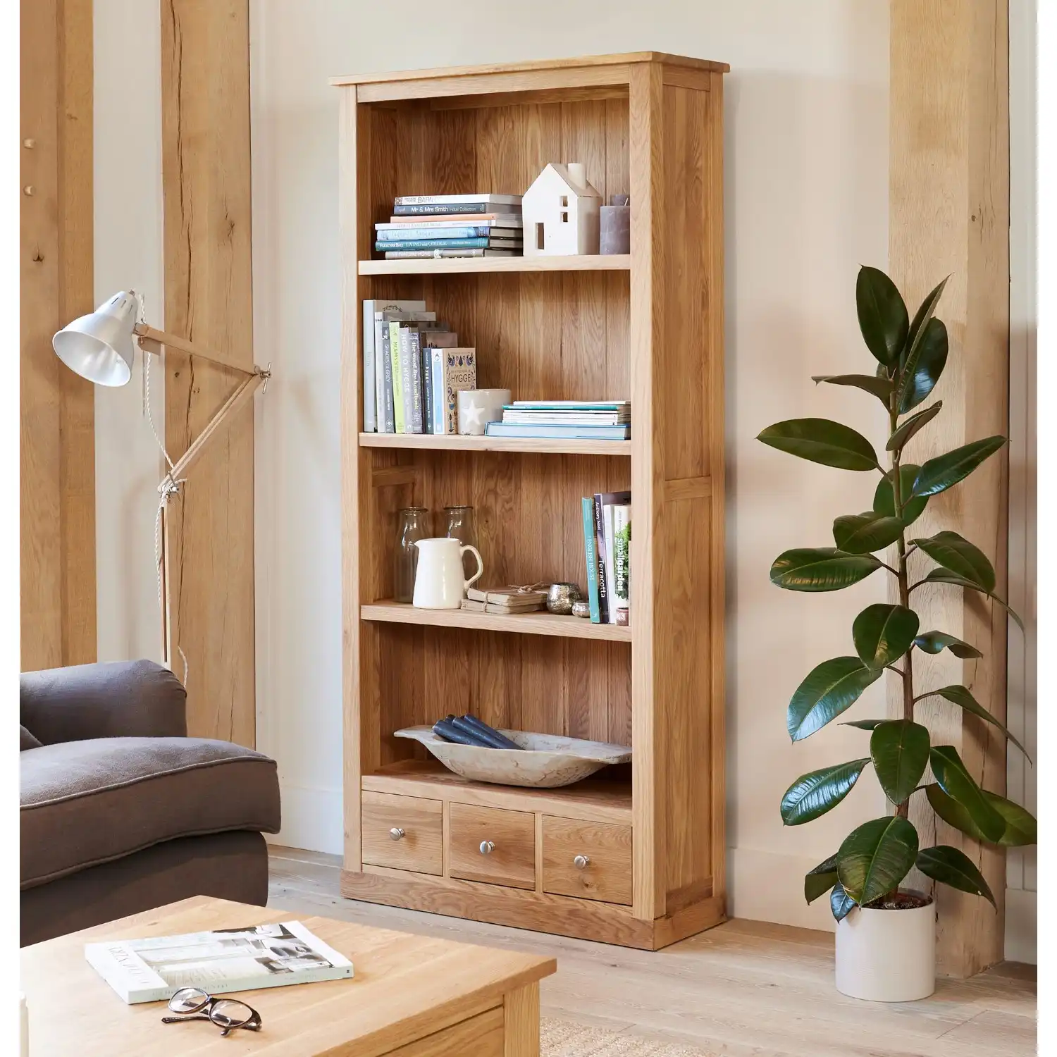 Light Oak Large Tall Bookcase With 3 Drawer Base and 3 Fixed Shelves