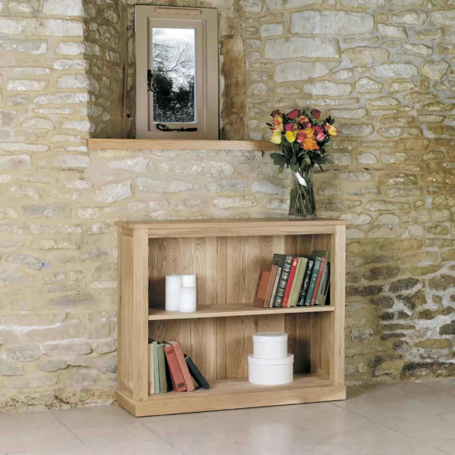 Solid Light Oak Low Small Window Bookcase 1 Shelf Display Unit