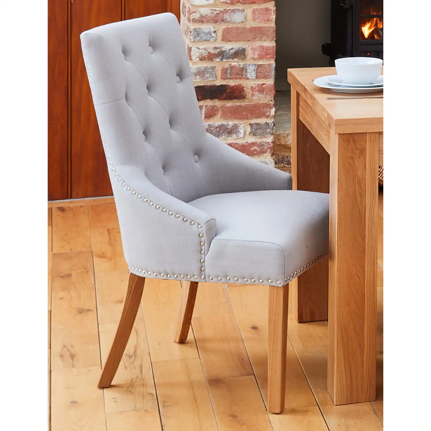 Pack Of Two Oak Accent Narrow Back Light Grey Fabric Dining Chair