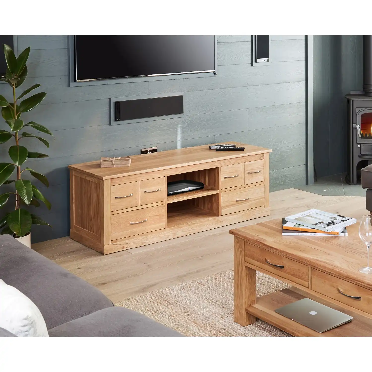 Large Widescreen TV Cabinet Open Shelf Solid Light Oak 6 Side Drawers