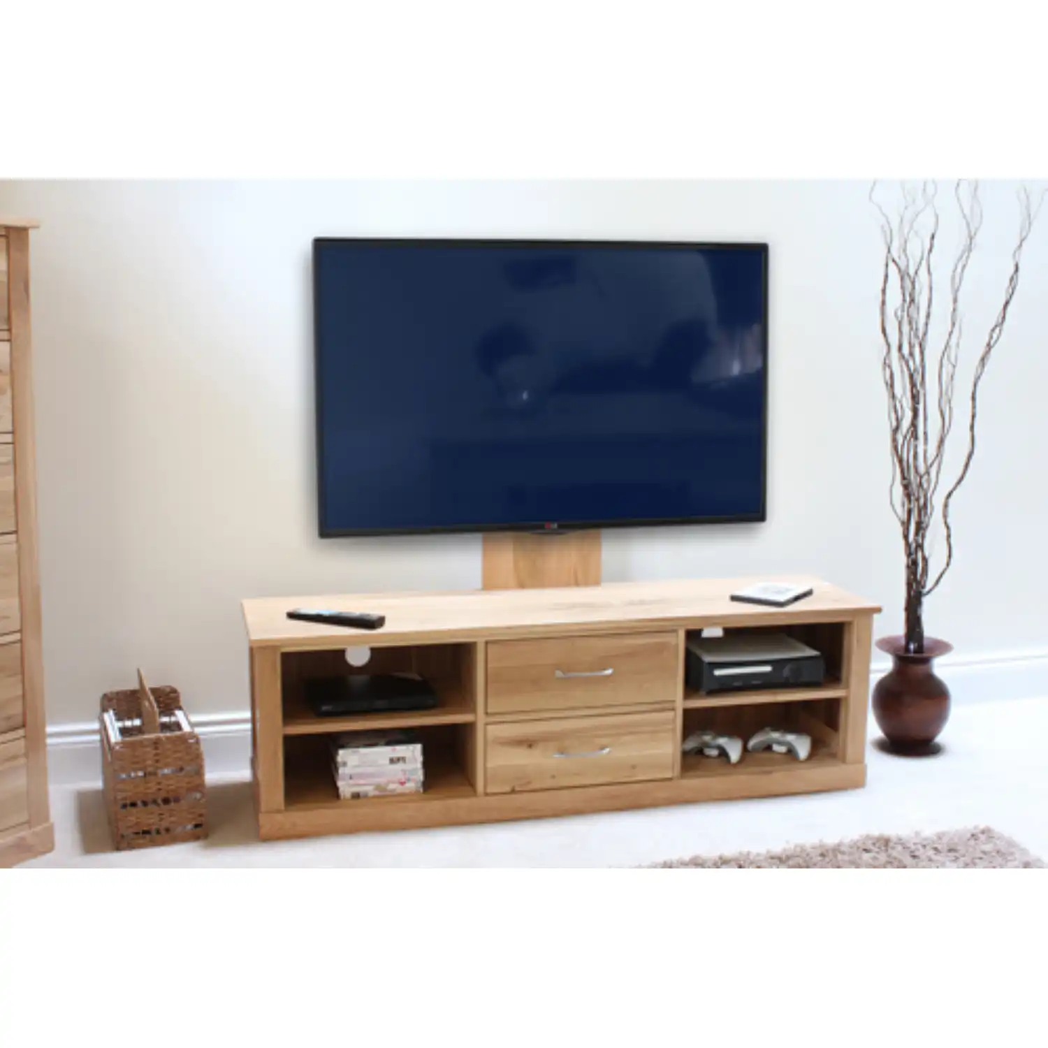 Solid Light Oak Raised Widescreen TV Cabinet Low Unit