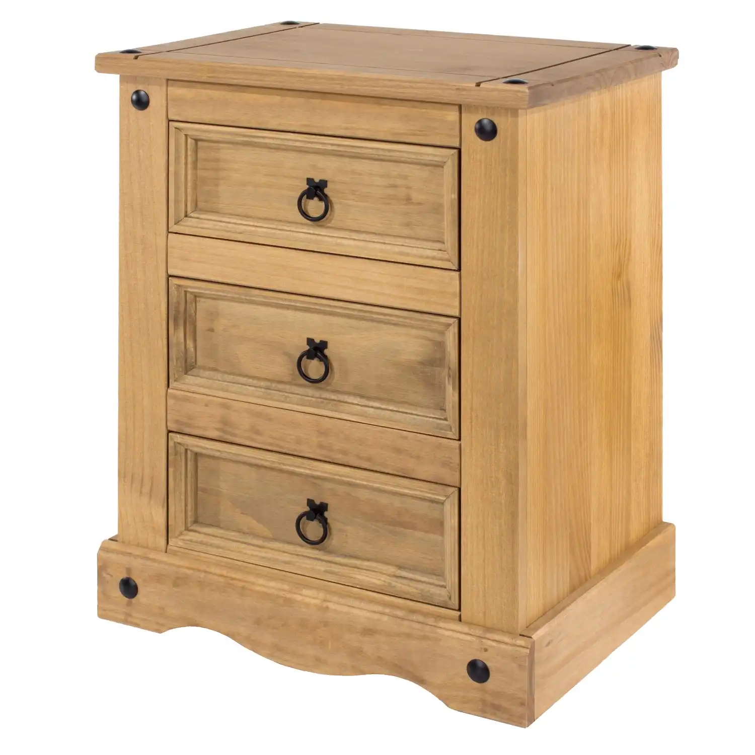 Corona Industrial Natural Solid Pine Wood 3 Drawer Bedside Table Cabinet 68x53x38cm