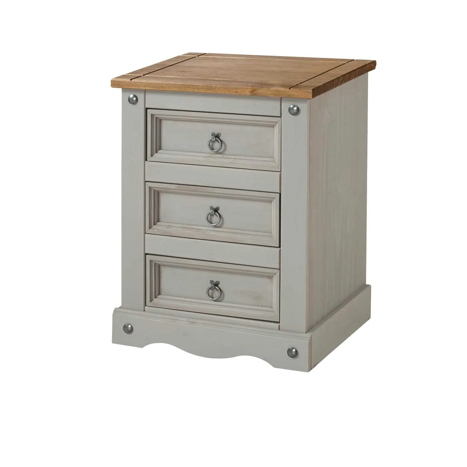 Corona Industrial 3 Drawer Solid Pine Grey Painted Bedside Table Cabinet 80.6x91cm