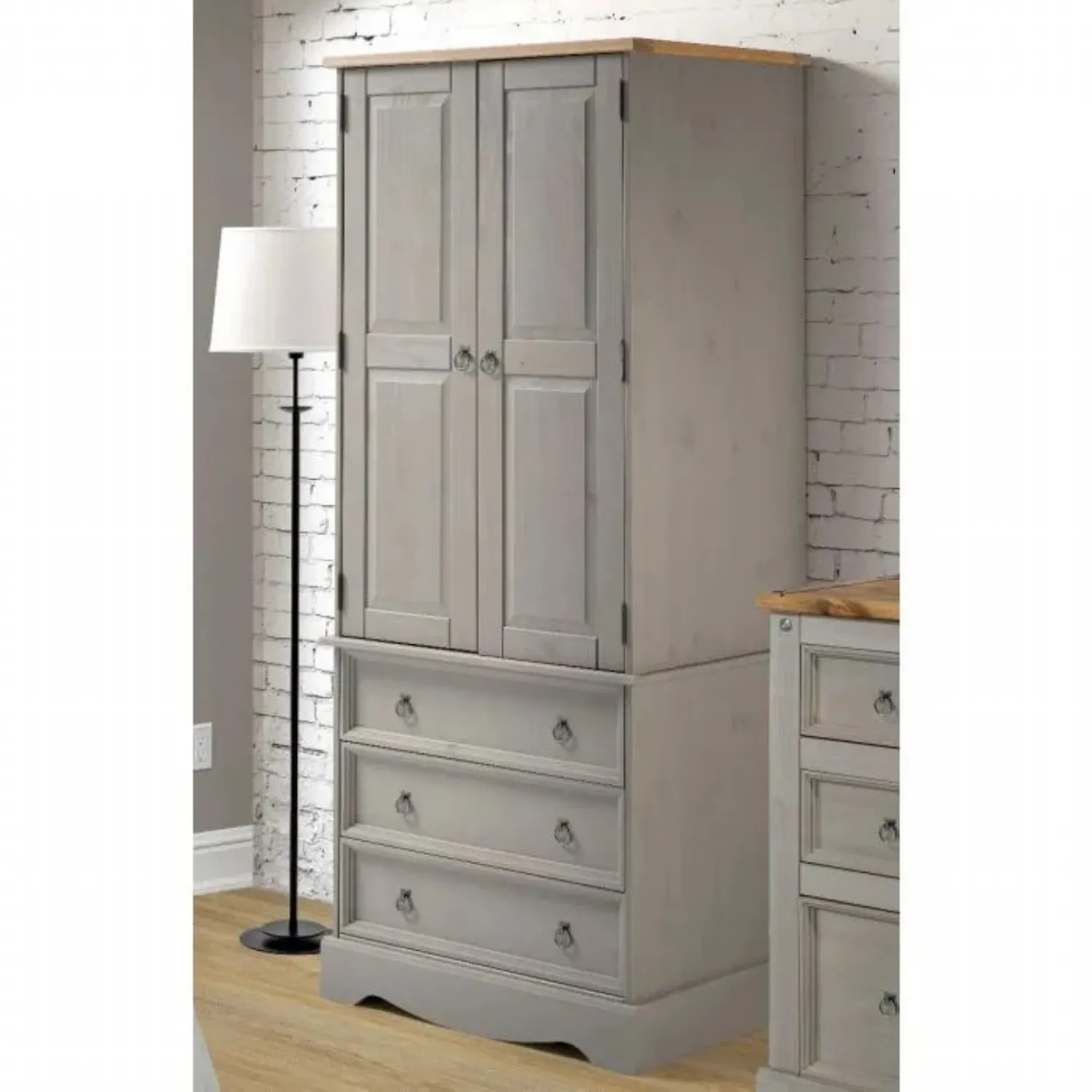 Grey Painted Pine Double Wardrobe with 3 Drawers