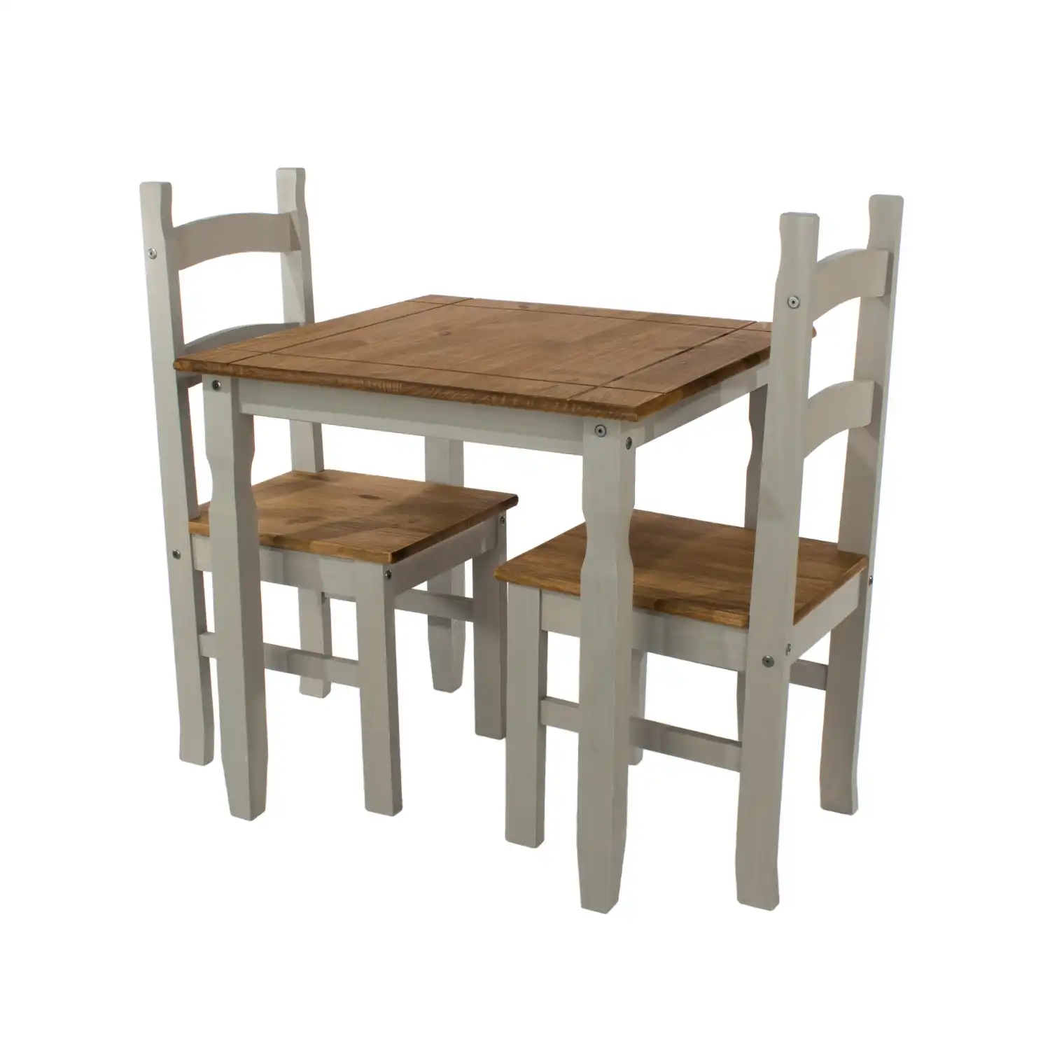 Grey Pine Wood Square Dining Table and 2 Chairs Set