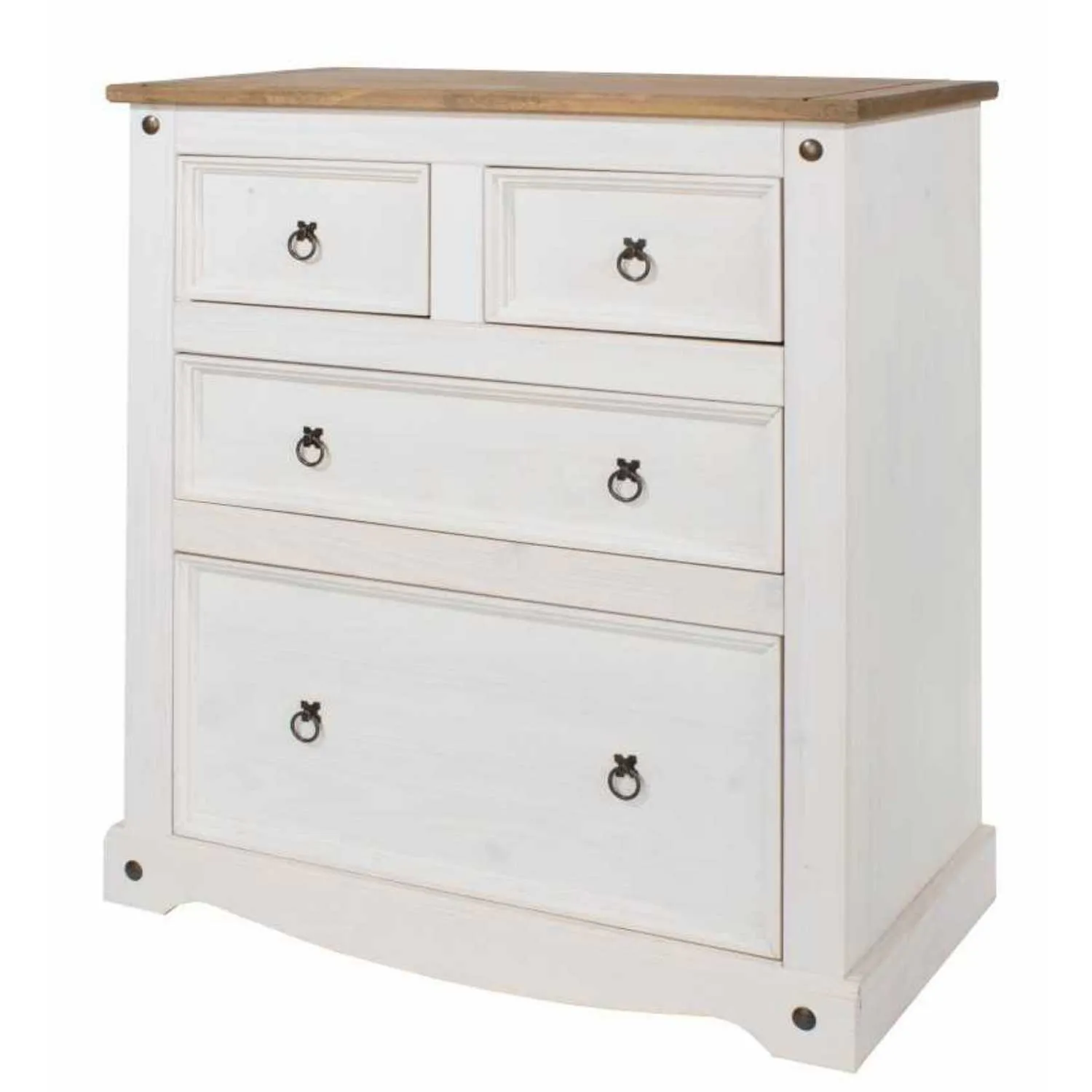 White Painted Antique Wax Finish Oak Top Chest of 4 Drawers 2 Over 2 Mexican Design