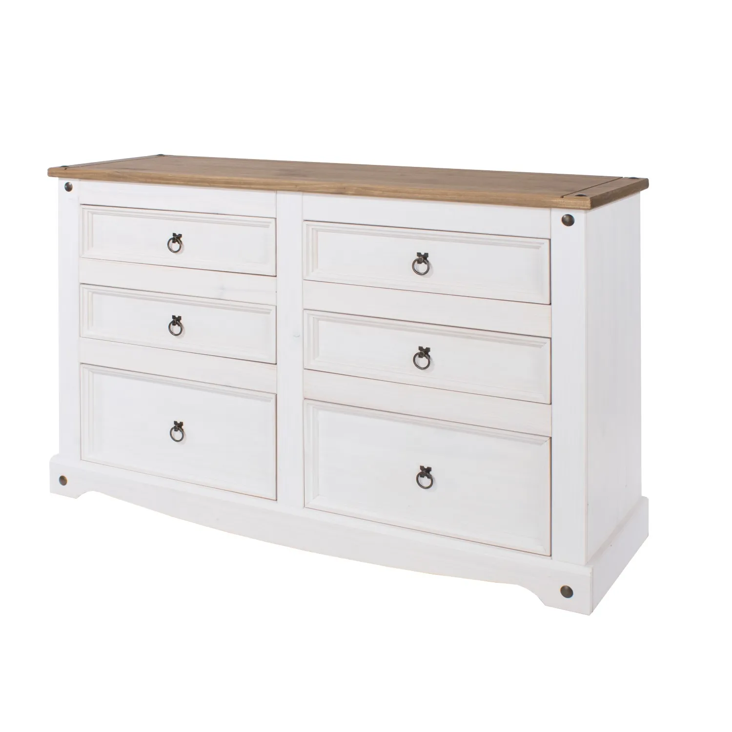 Corona White Painted Wooden 3+3 Drawer 132cm Wide Chest Waxed Effect Pine Top