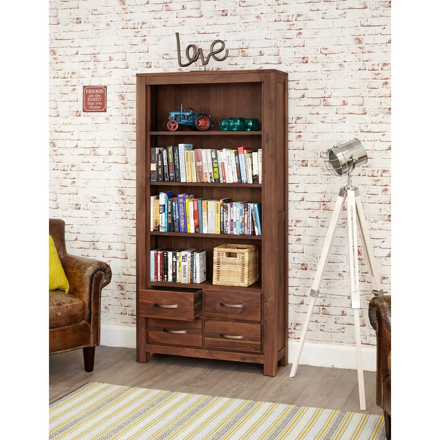 Solid Walnut Large Bookcase With 4 Drawer Base Dark Wood Finish
