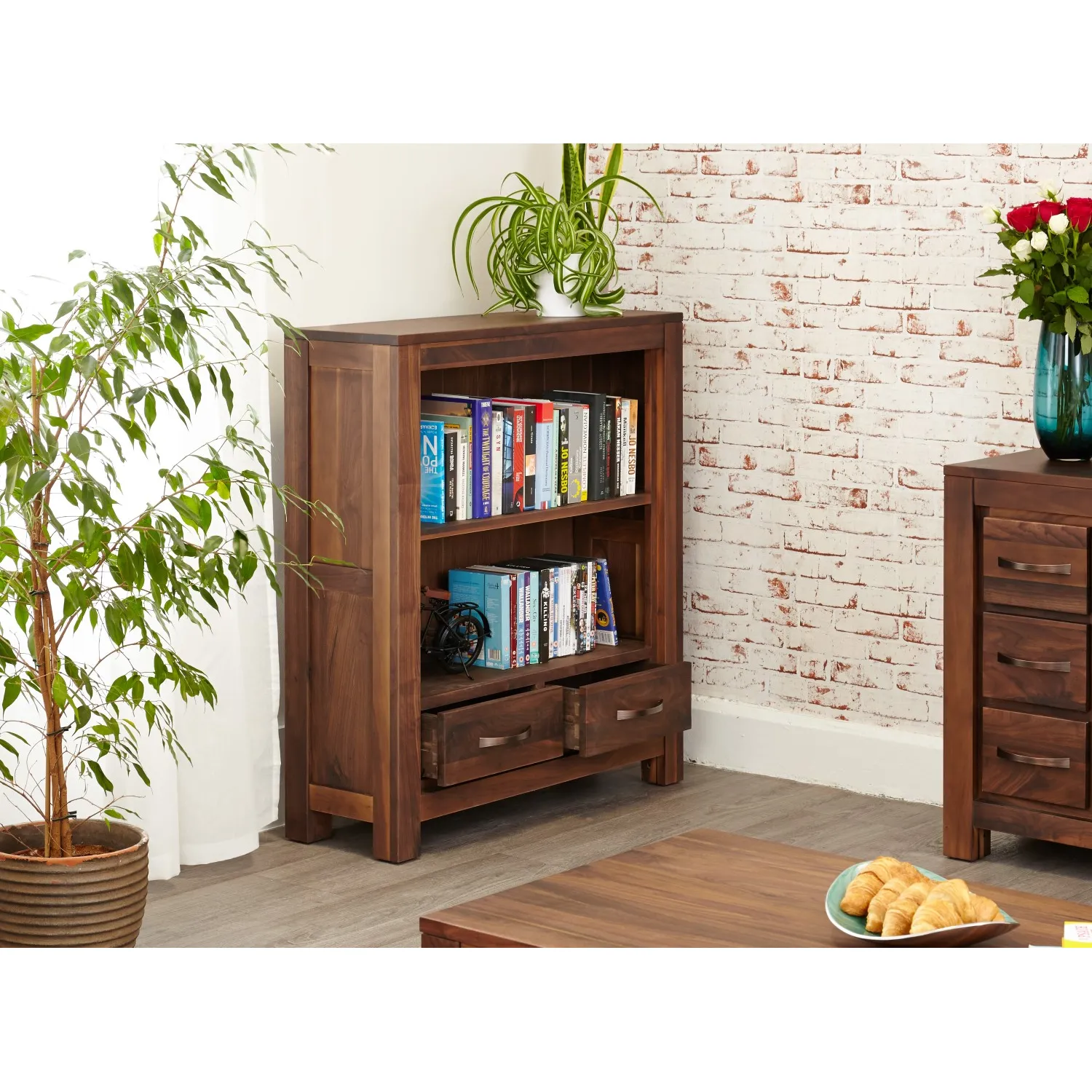 Walnut Small Low Bookcase With 2 Drawers 1 Shelf Dark Wood Finish