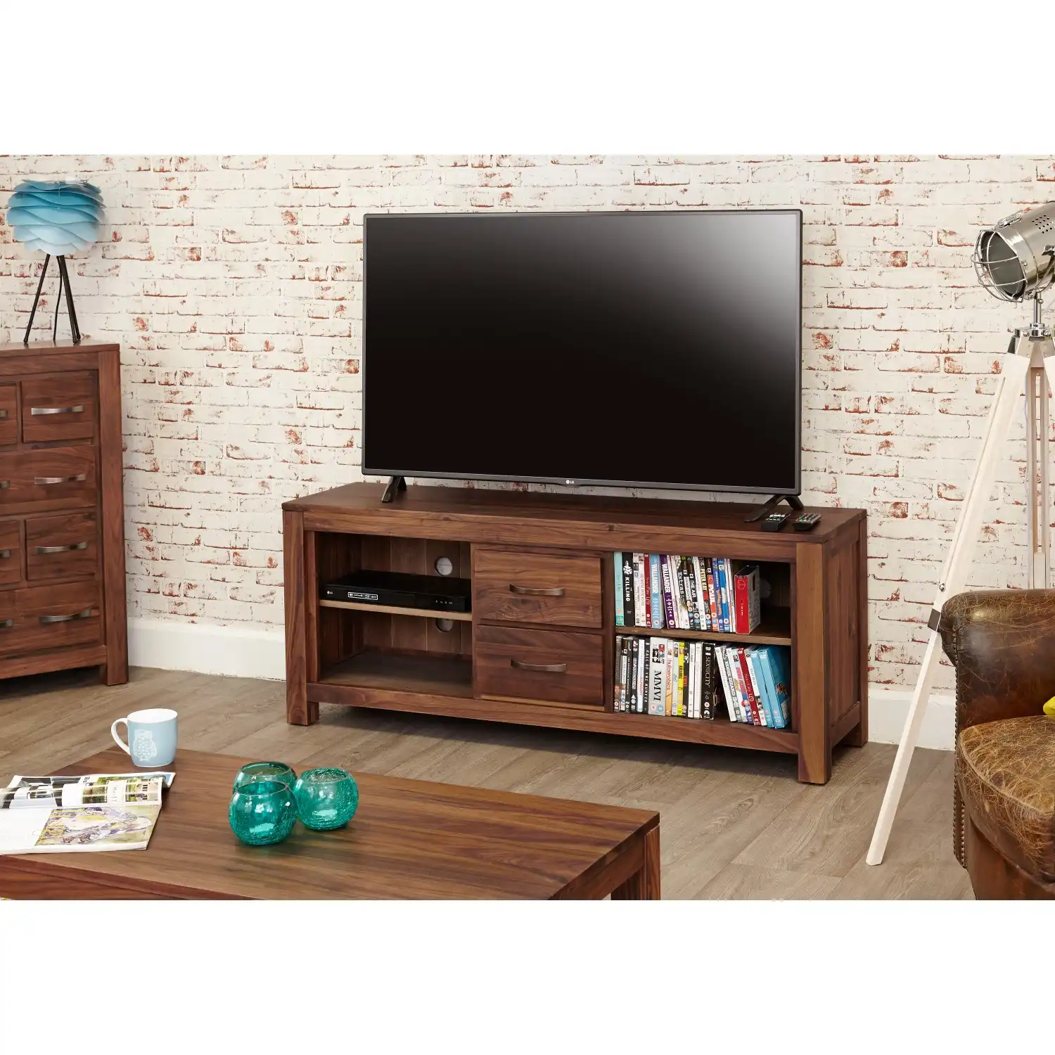 Solid Walnut Widescreen TV Cabinet with 2 Drawers 4 Open Shelves
