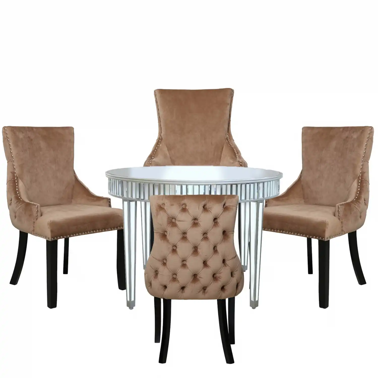 Silver Mirrored 120cm Round Dining Set 4 Champagne Chairs