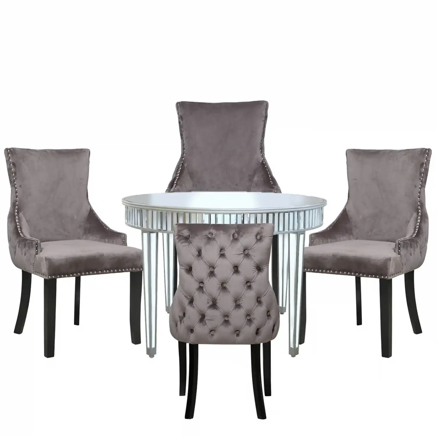 Silver Mirrored 120cm Round Dining Set 4 Grey Chairs