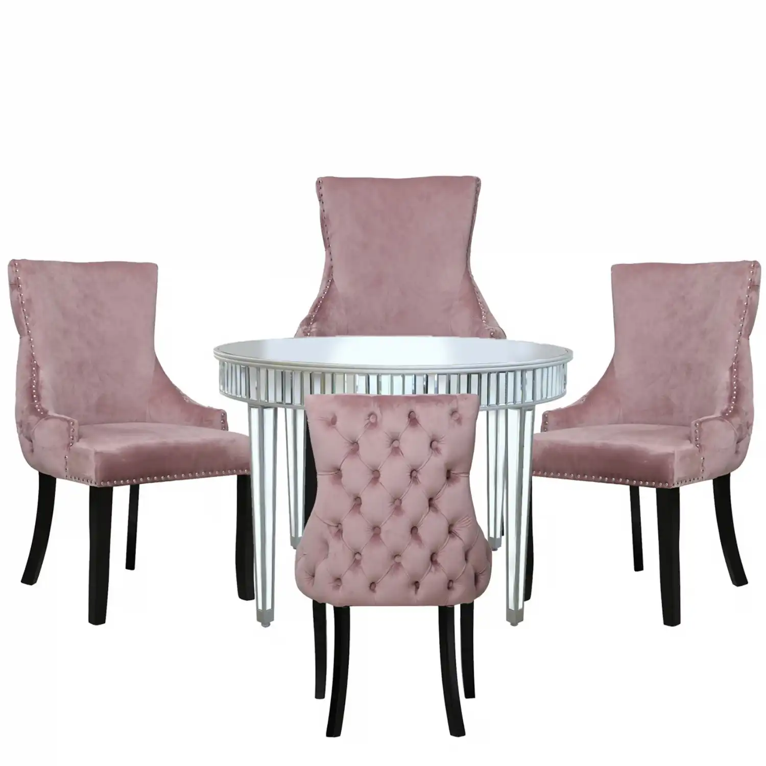 Silver Mirrored 120cm Round Dining Set 4 Pink Chairs