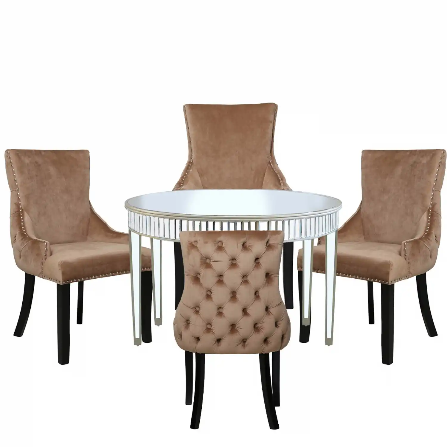 Mirrored Round Dining Table Set with 4 Champagne Chairs