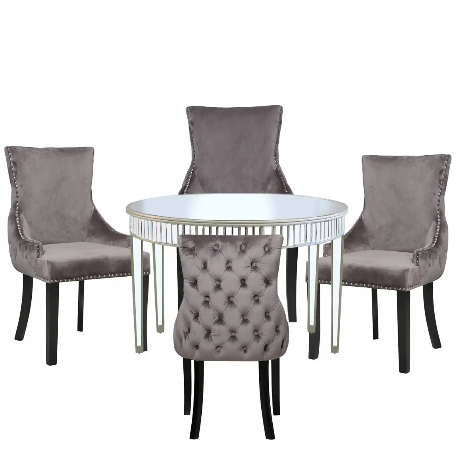 Champagne Mirrored 120cm Round Dining Set 4 Grey Chairs