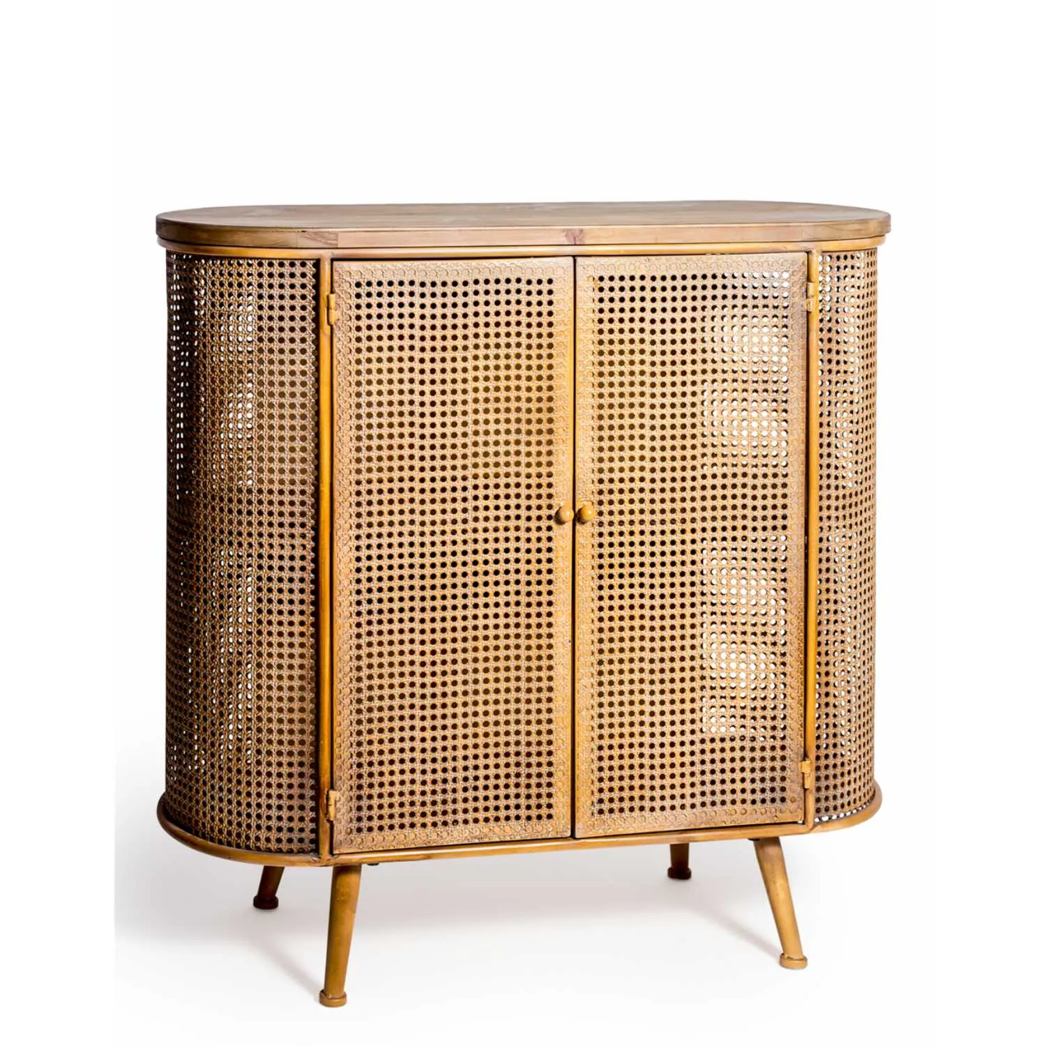 Rustic Metal Rattan And Wood Retro Side Cabinet