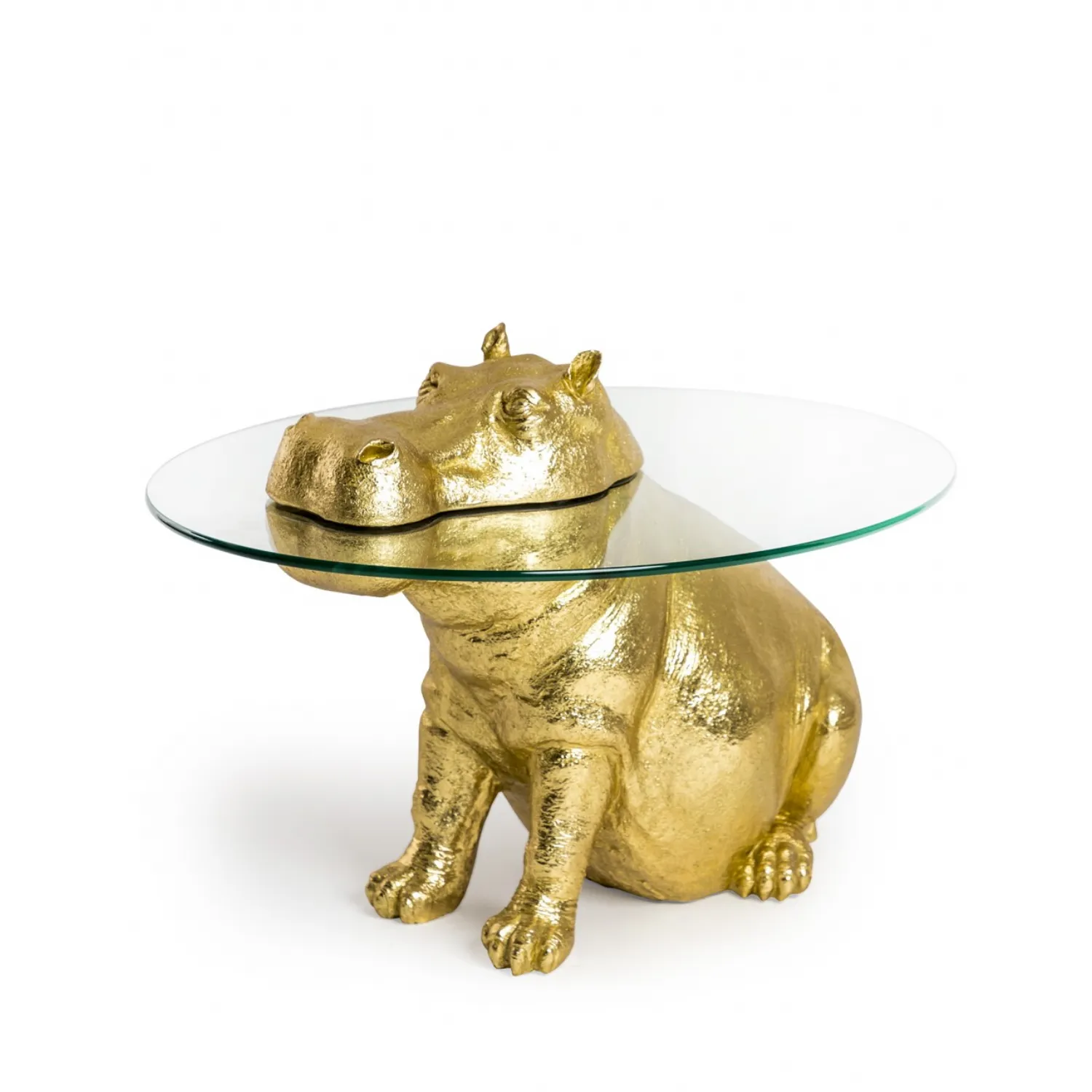 Large Round Gold Hippo Clear Glass Top Side Coffee Table
