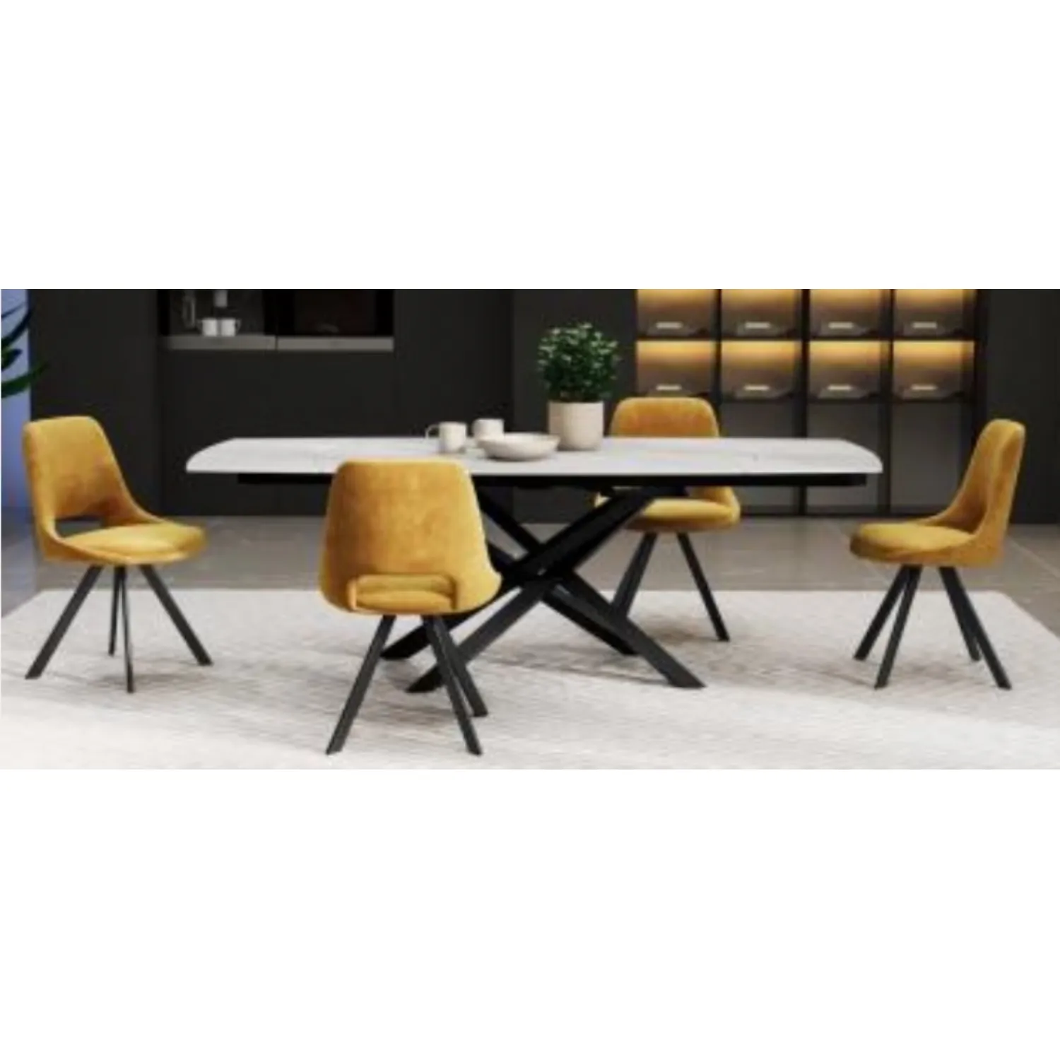 Light Grey Ceramic Swivel Extending Dining Table and 4 Mustard Velvet Swivel Chairs