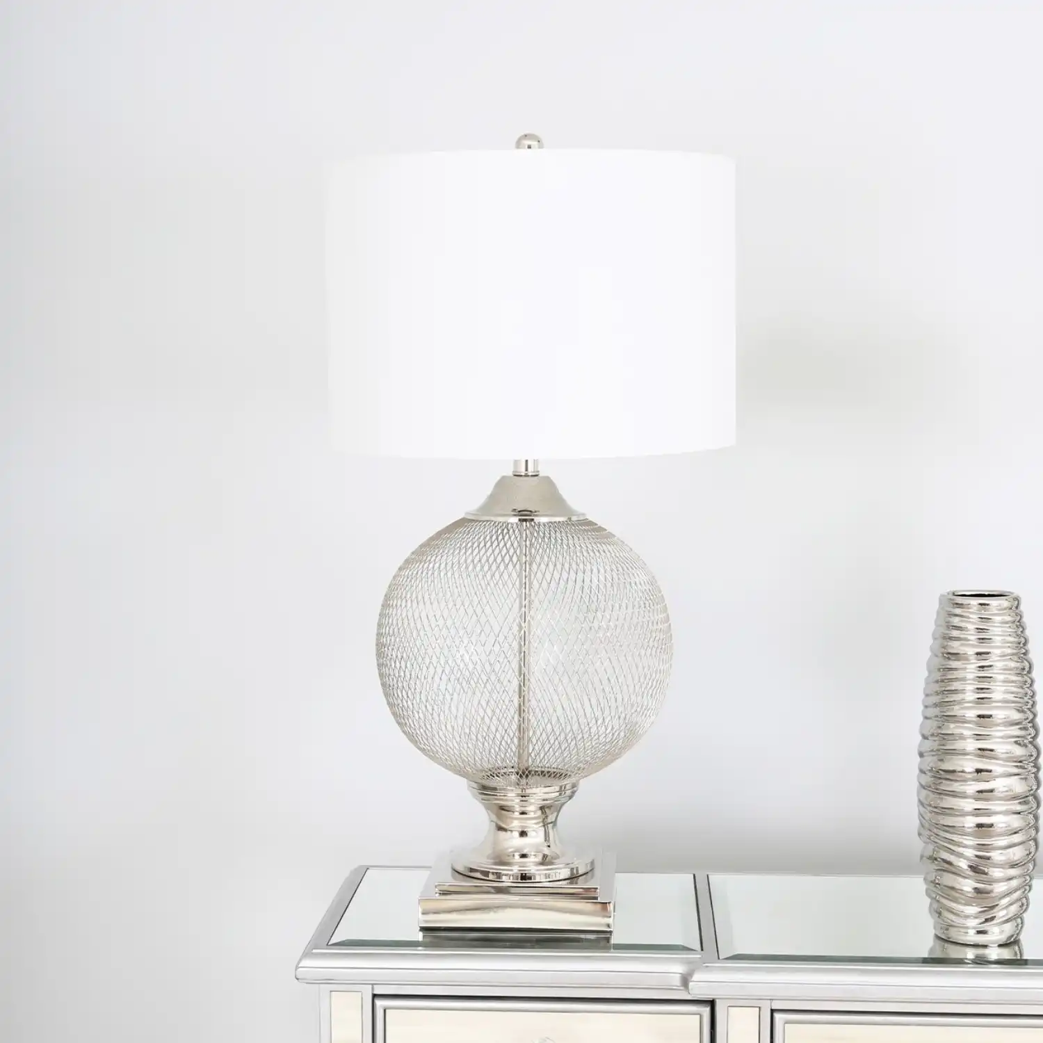 Wire Mesh Table Lamp White Linen Shade