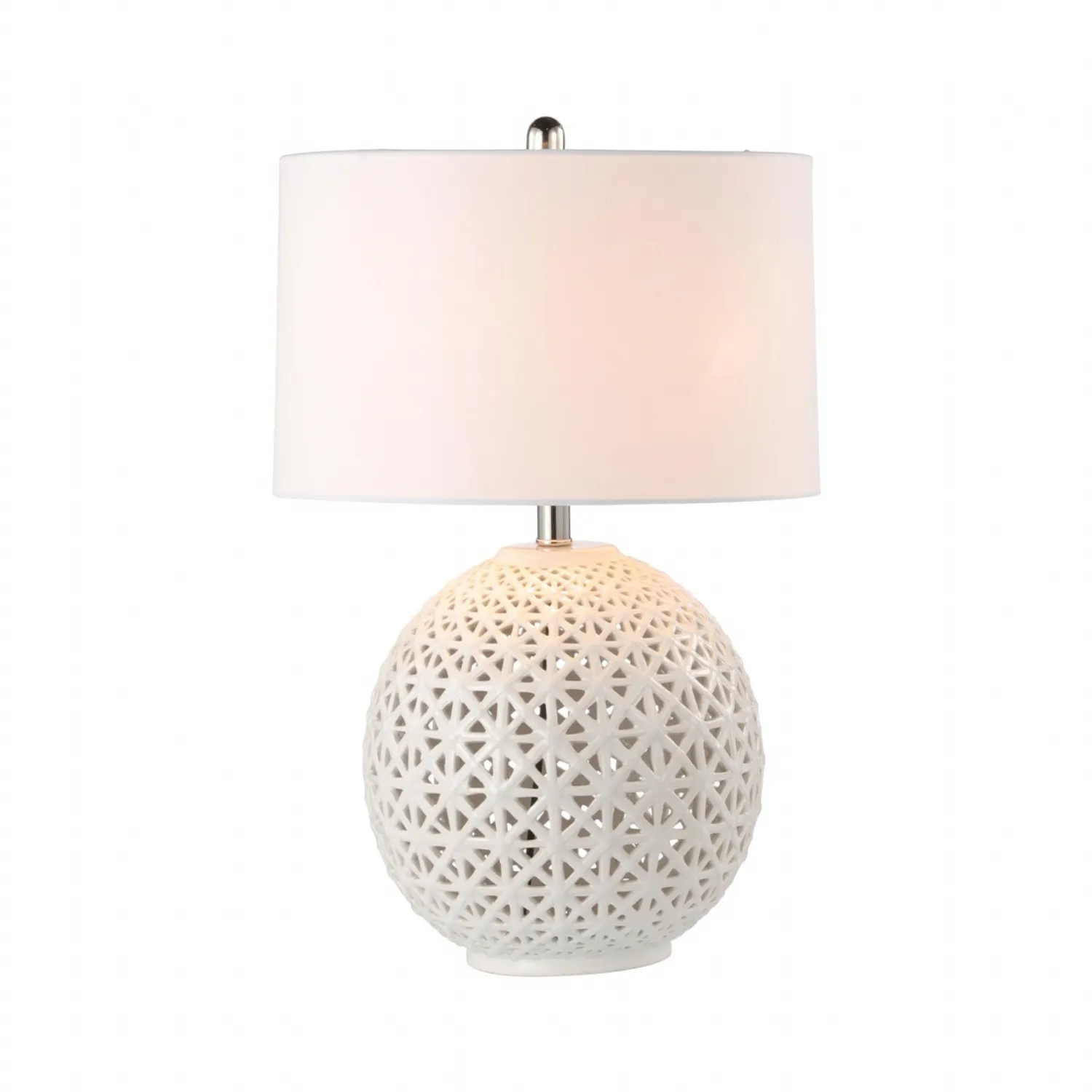 64. 8cm White Patterned Ceramic Table Lamp With White Linen Shade