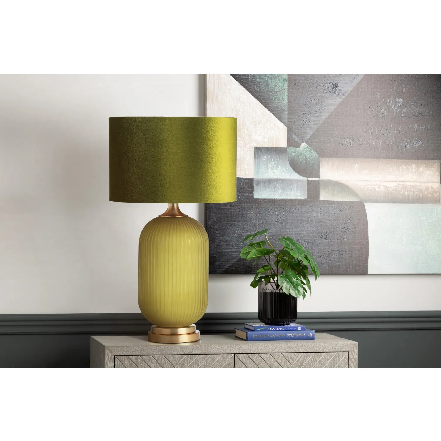 77. 5cm Frost Green Pleated Glass With Green Velvet Shade Table Lamp