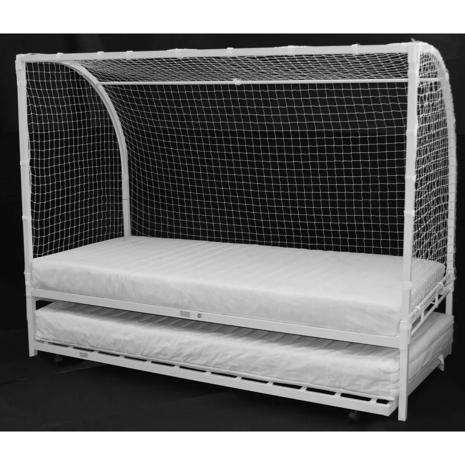 3ft Football White Metal Childrens Bed with Trundle and 2 Ortho Mattresses