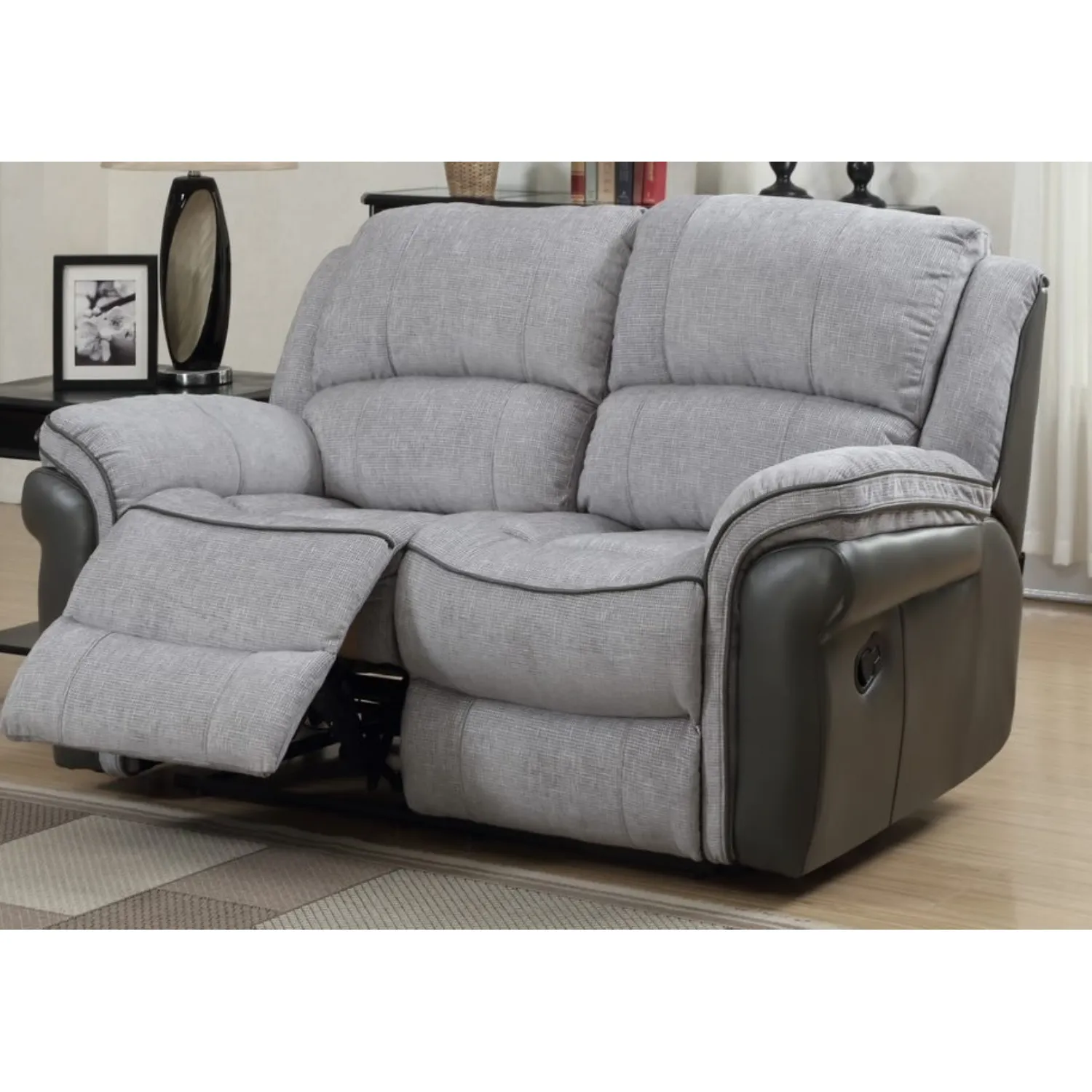 Grey Fabric Grey Leather 2 Seat Manual Recliner Sofa