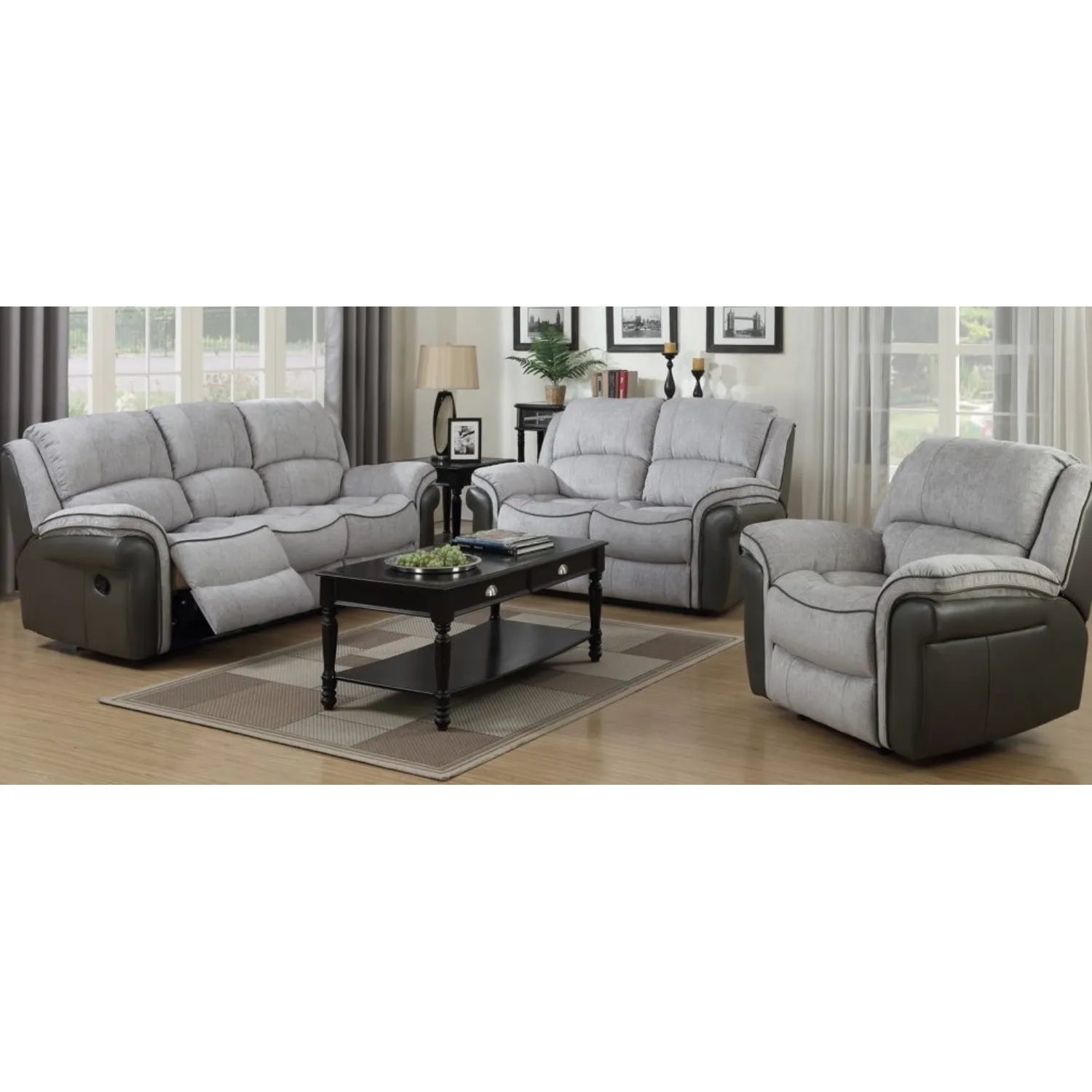 Grey Fabric and Leather Manual Reclining Sofa Set 321