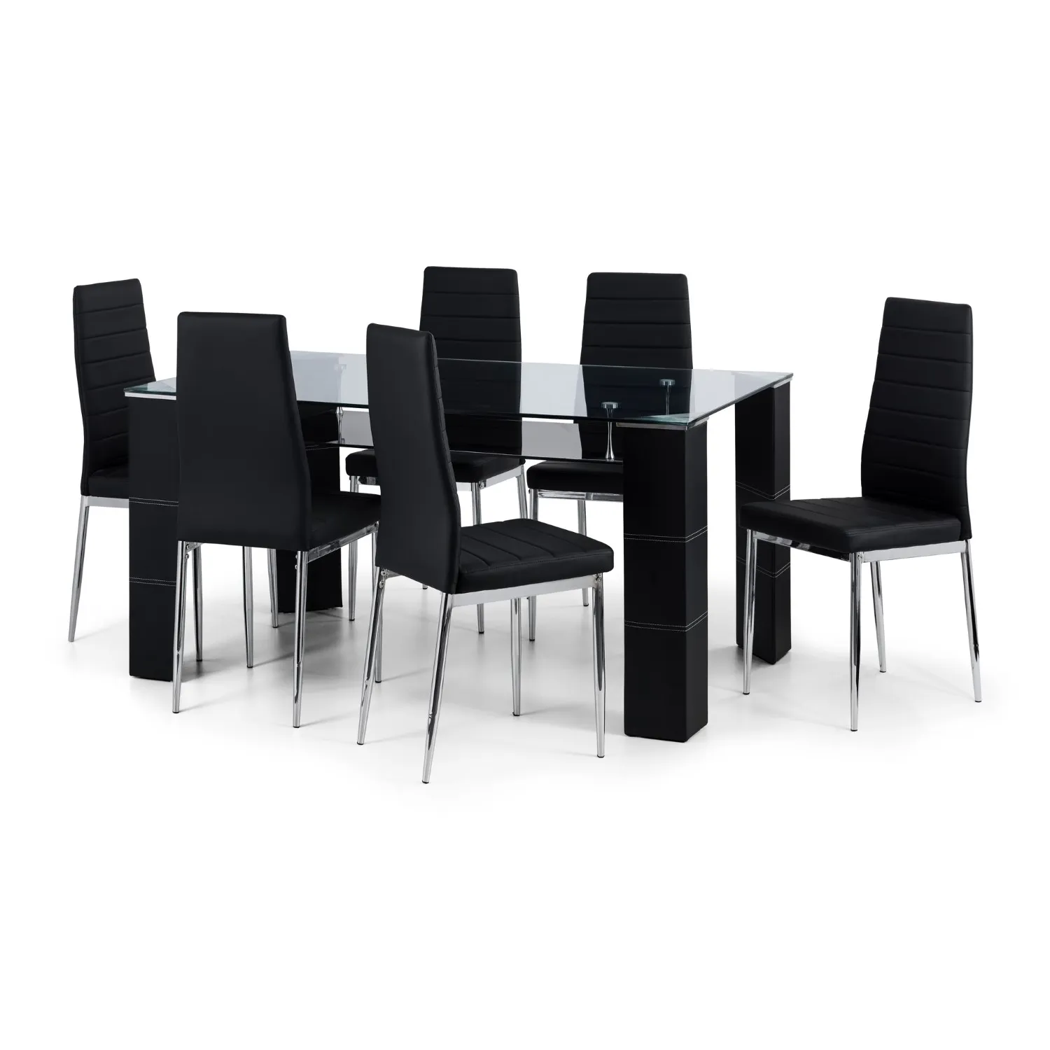 Modern Clear Glass Top Dining Table With Black Faux Leather Legs