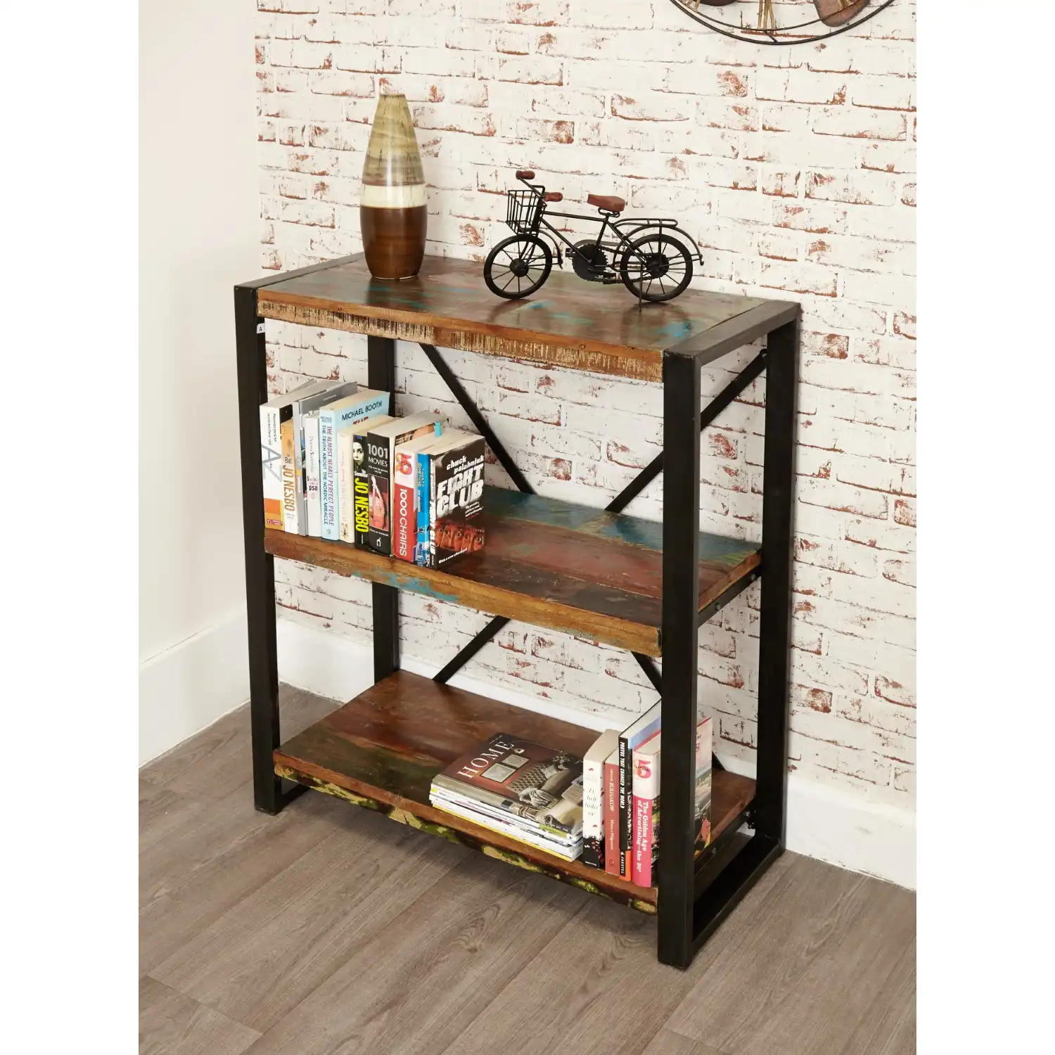 Rustic Low Open Bookcase Painted Reclaimed Shelving Display Unit