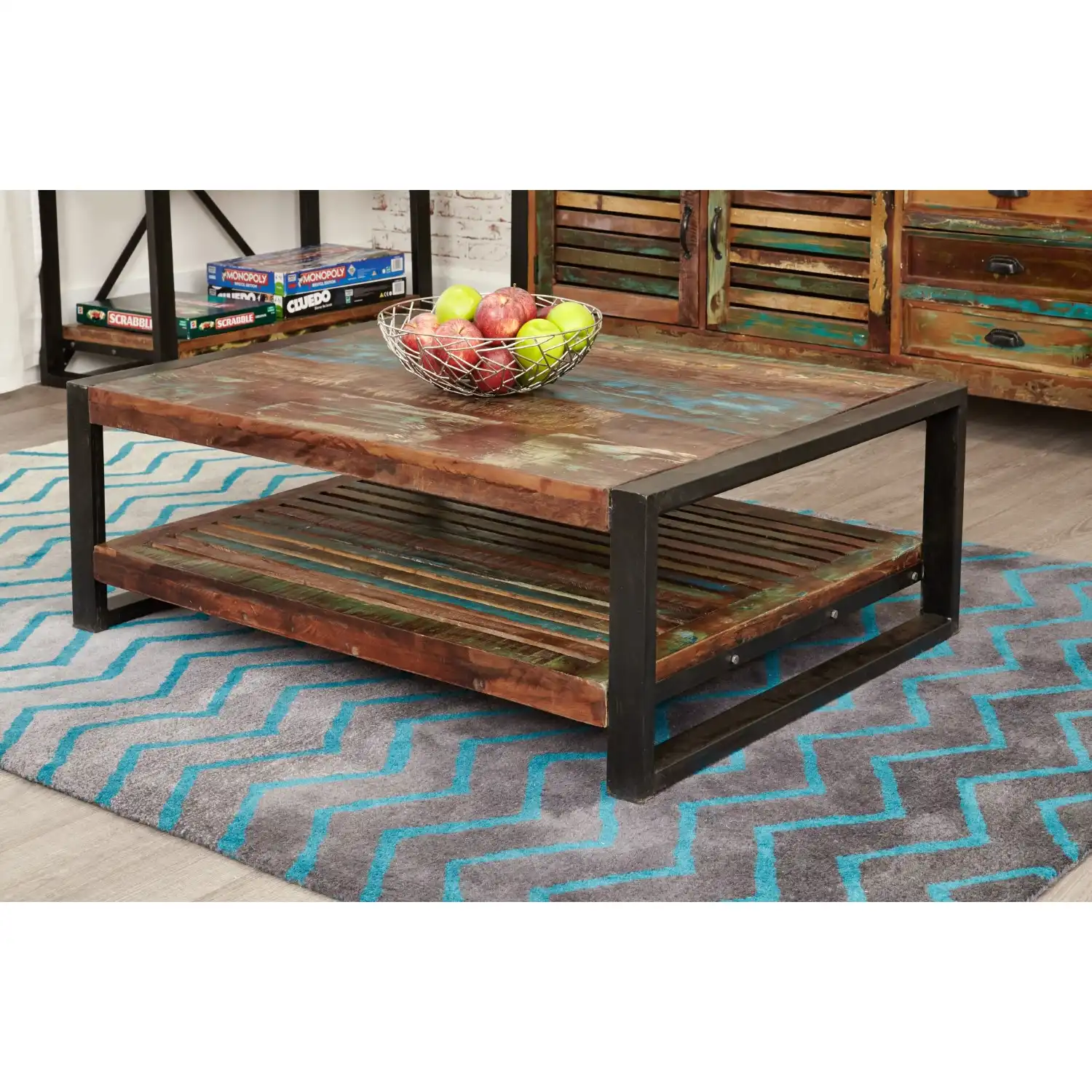 Reclaimed Painted Wood Open Rectangular Coffee Table
