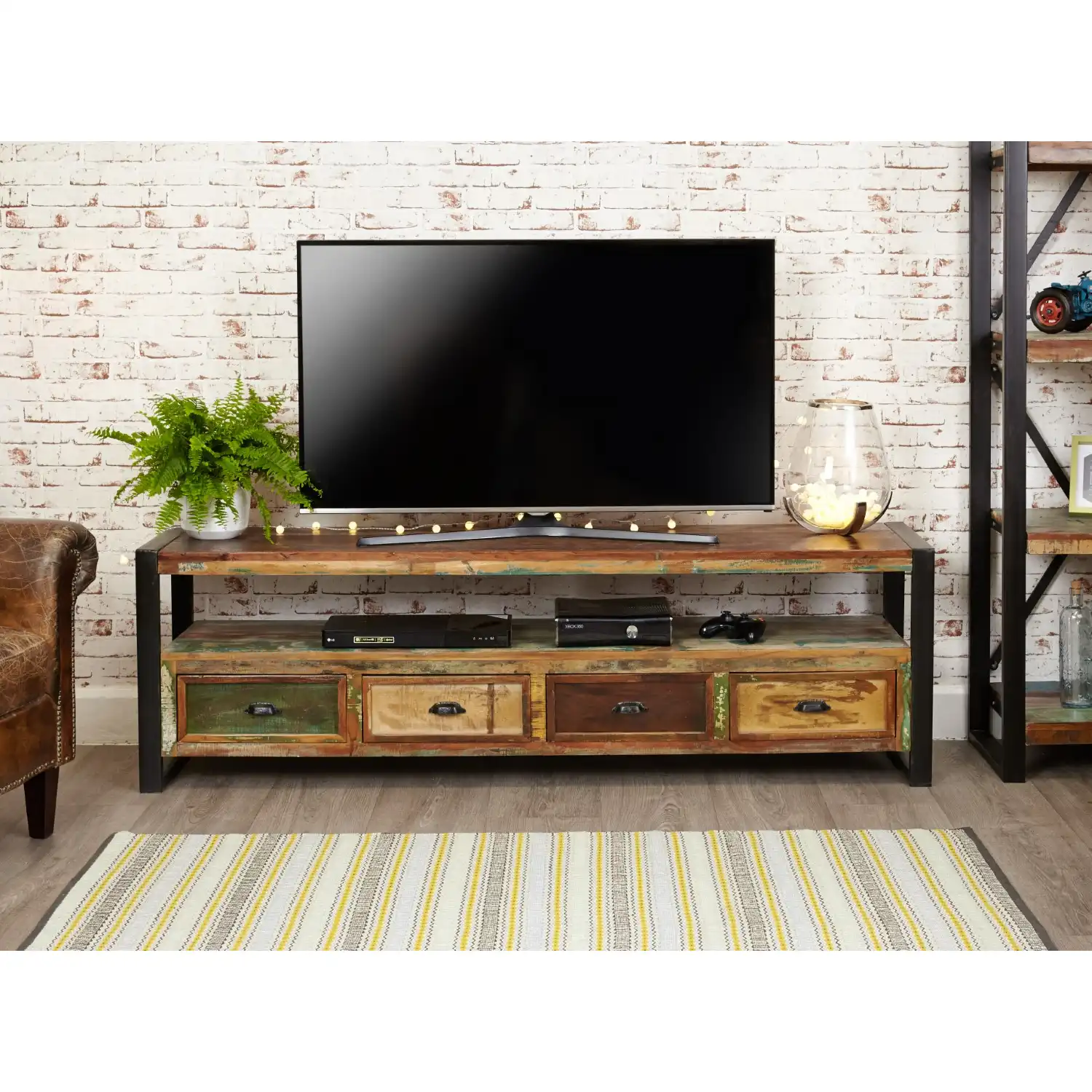Reclaimed Wood Large Open Widescreen TV Cabinet Unit With Drawers
