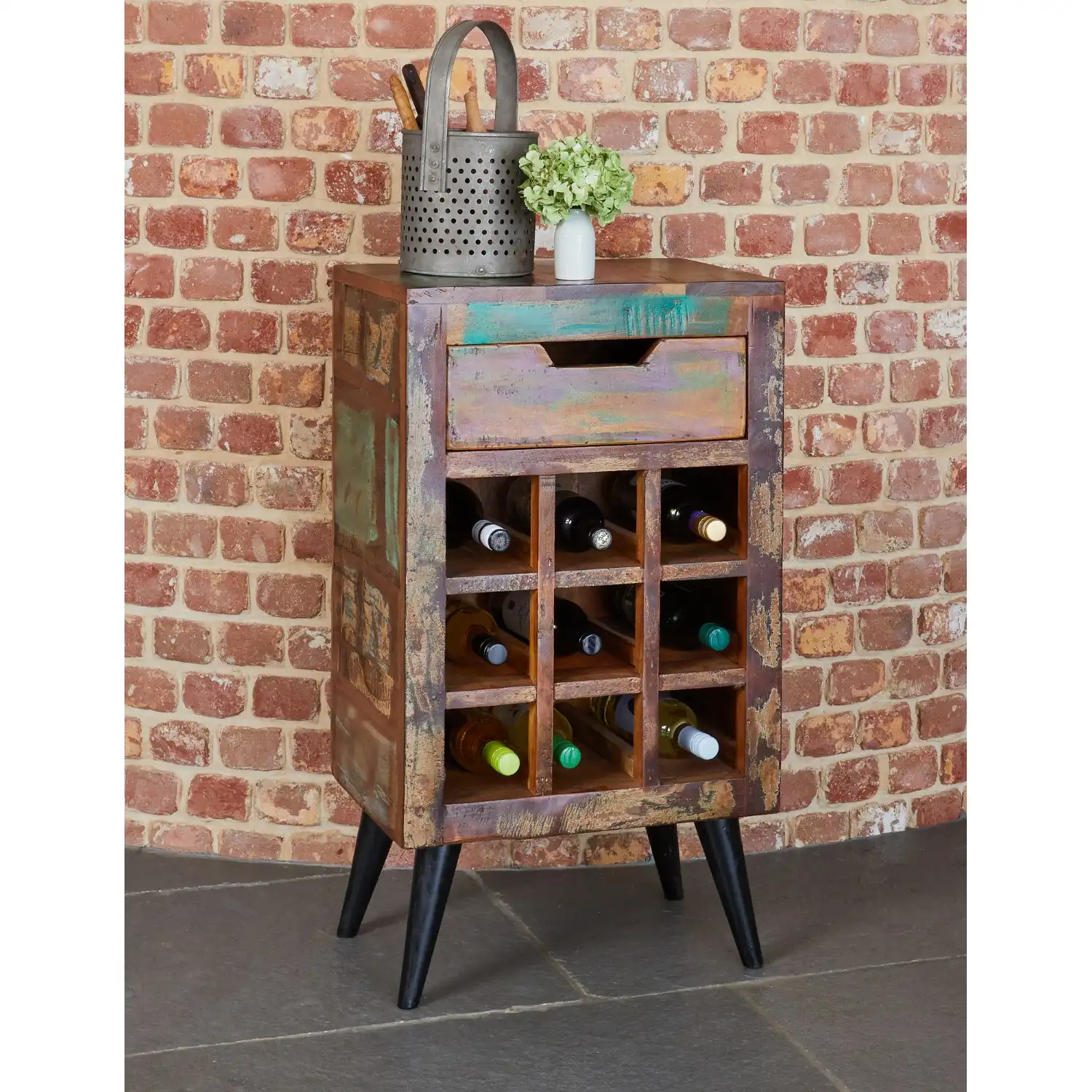 Small 9 Bottle Wine Rack Table Unit Rustic Painted