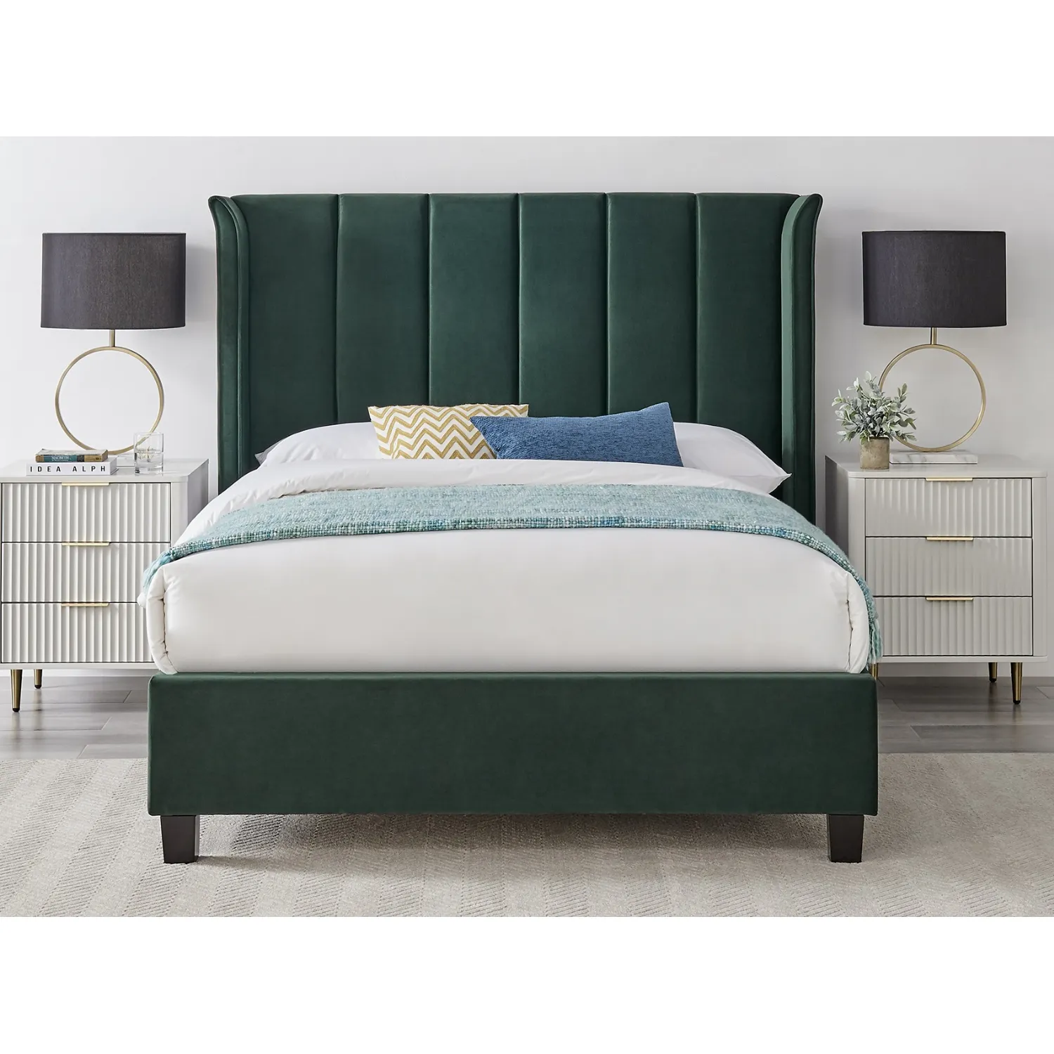 Emerald Green Velvet Fabric Low End 5ft King Size Bed