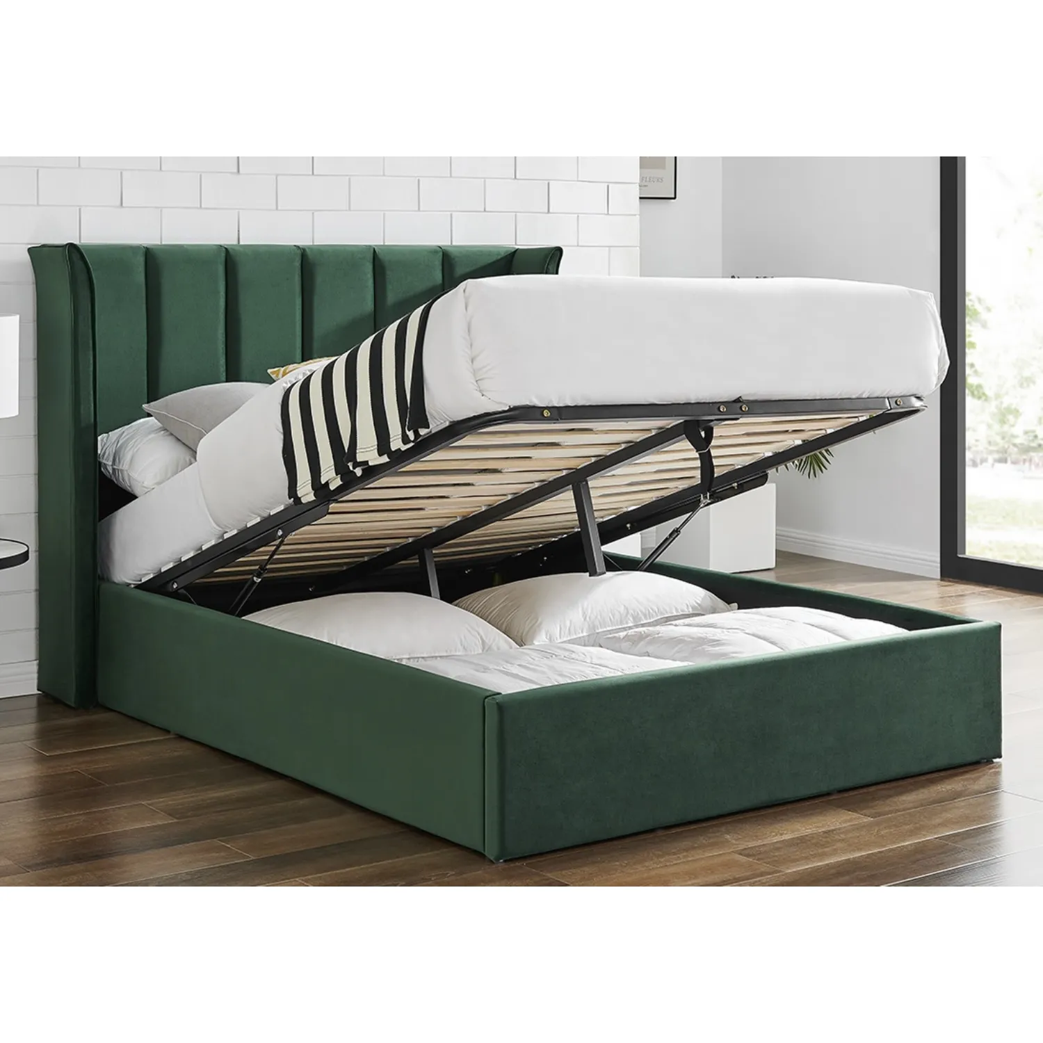 Emerald Green Velvet Fabric Ottoman 5ft King Size Bed