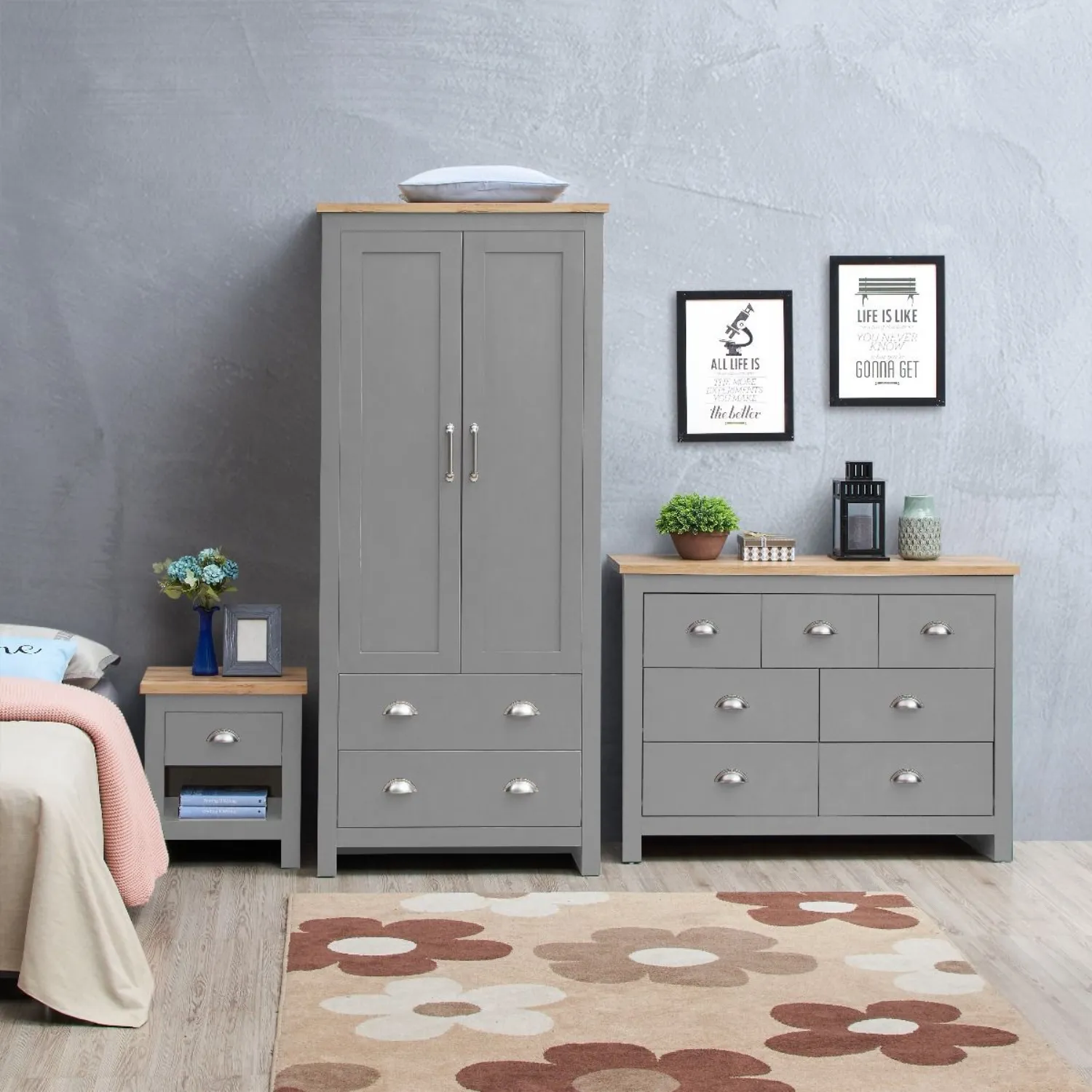Light Grey Oak Top 3 Piece Bedroom Set (2 Door Wardrobe, 3+4 Chest, 1 Drawer Bedside)