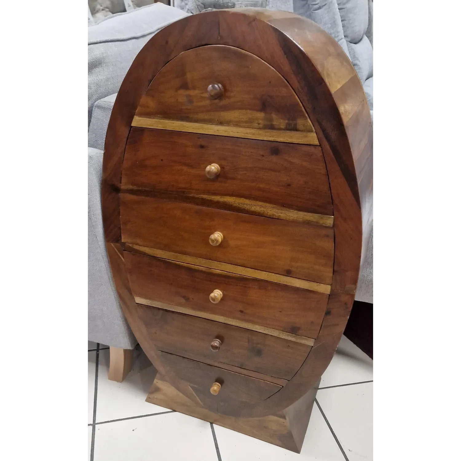 Indian Acacia Wood Oval 6 Drawer Chest