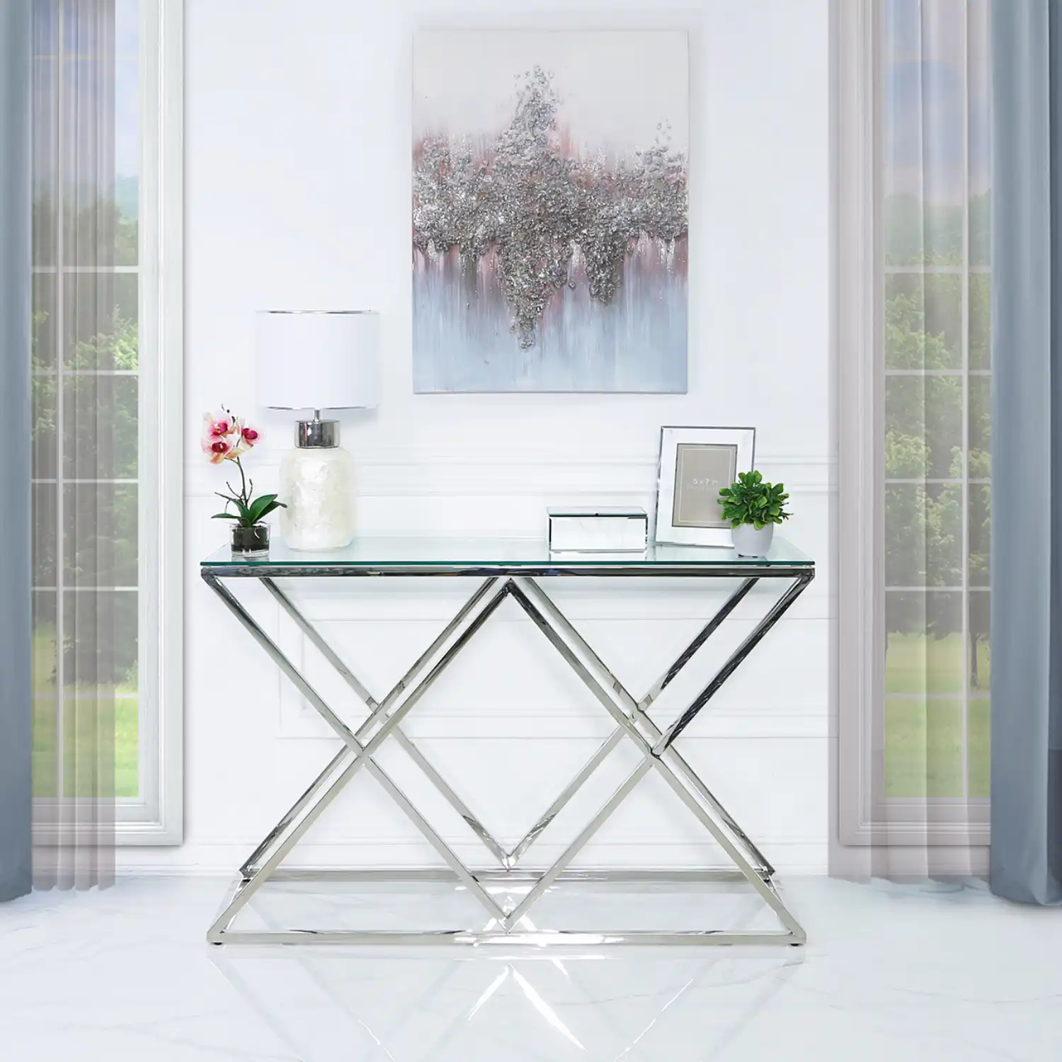Geometric Stainless Steel Large Console Table Glass Top